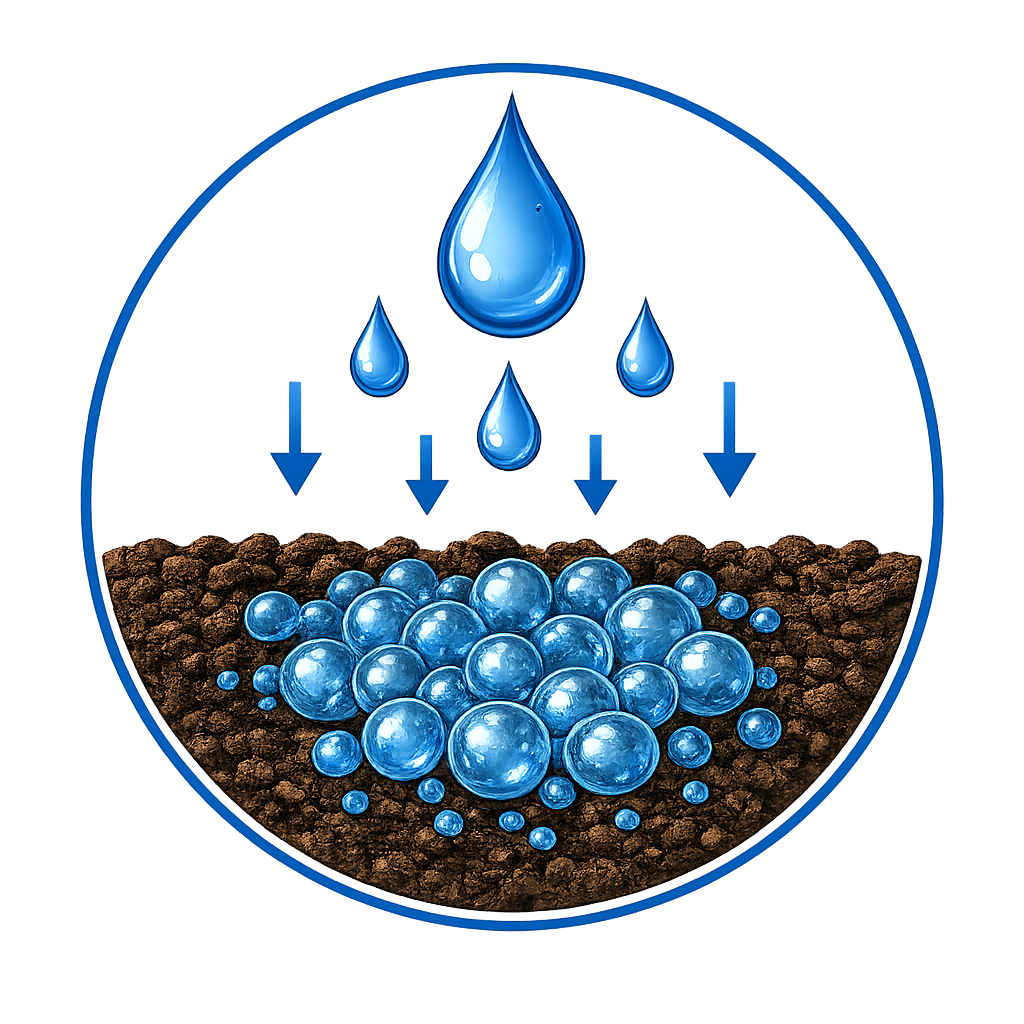 EF Polymer granules absorbing water and nutrients during rainfall or irrigation.