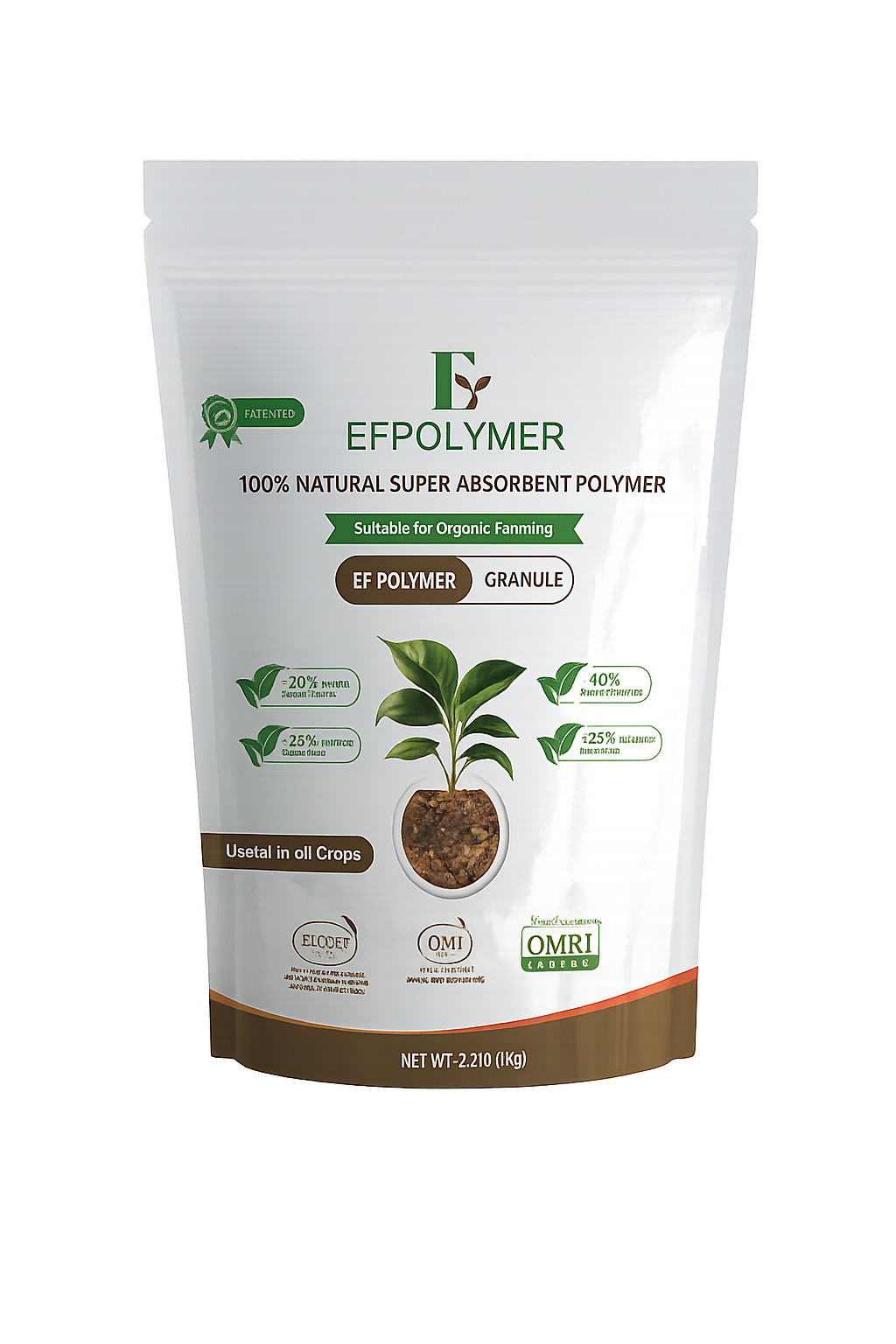 EF Polymer natural biodegradable hydrogel granules produced from fruit waste for improving water efficiency and crop resilience in agriculture.