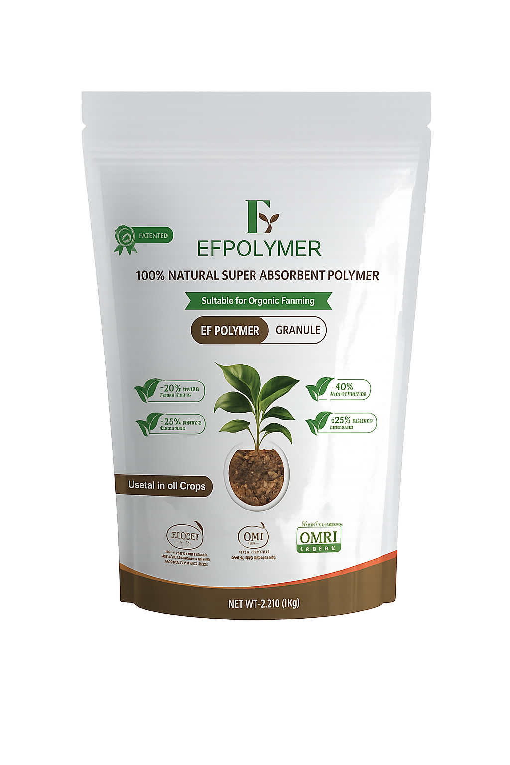 EF Polymer natural biodegradable hydrogel granules produced from fruit waste for improving water efficiency and crop resilience in agriculture.