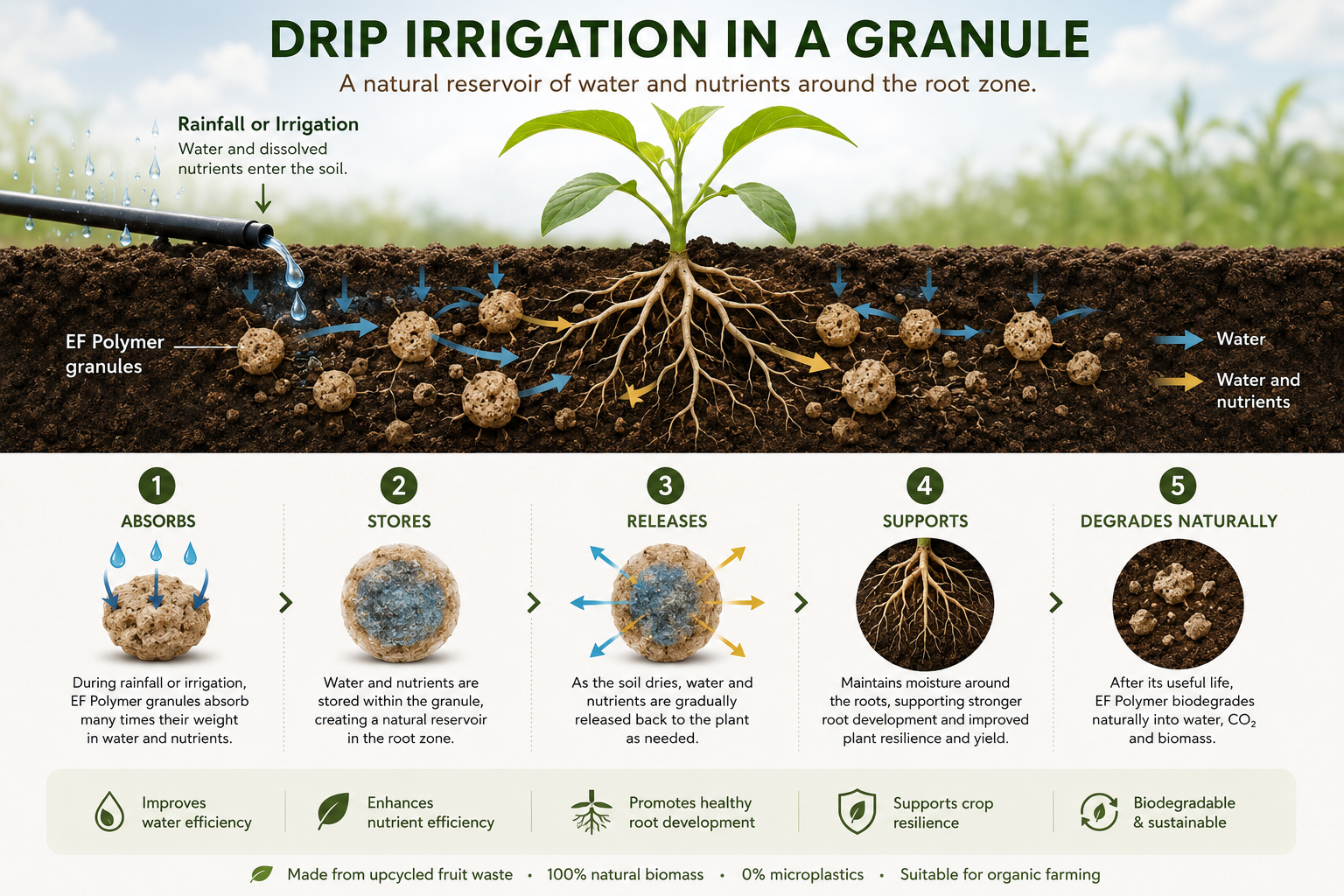 Infographic showing how EF Polymer granules absorb, store and release water and nutrients around the root zone before naturally biodegrading.