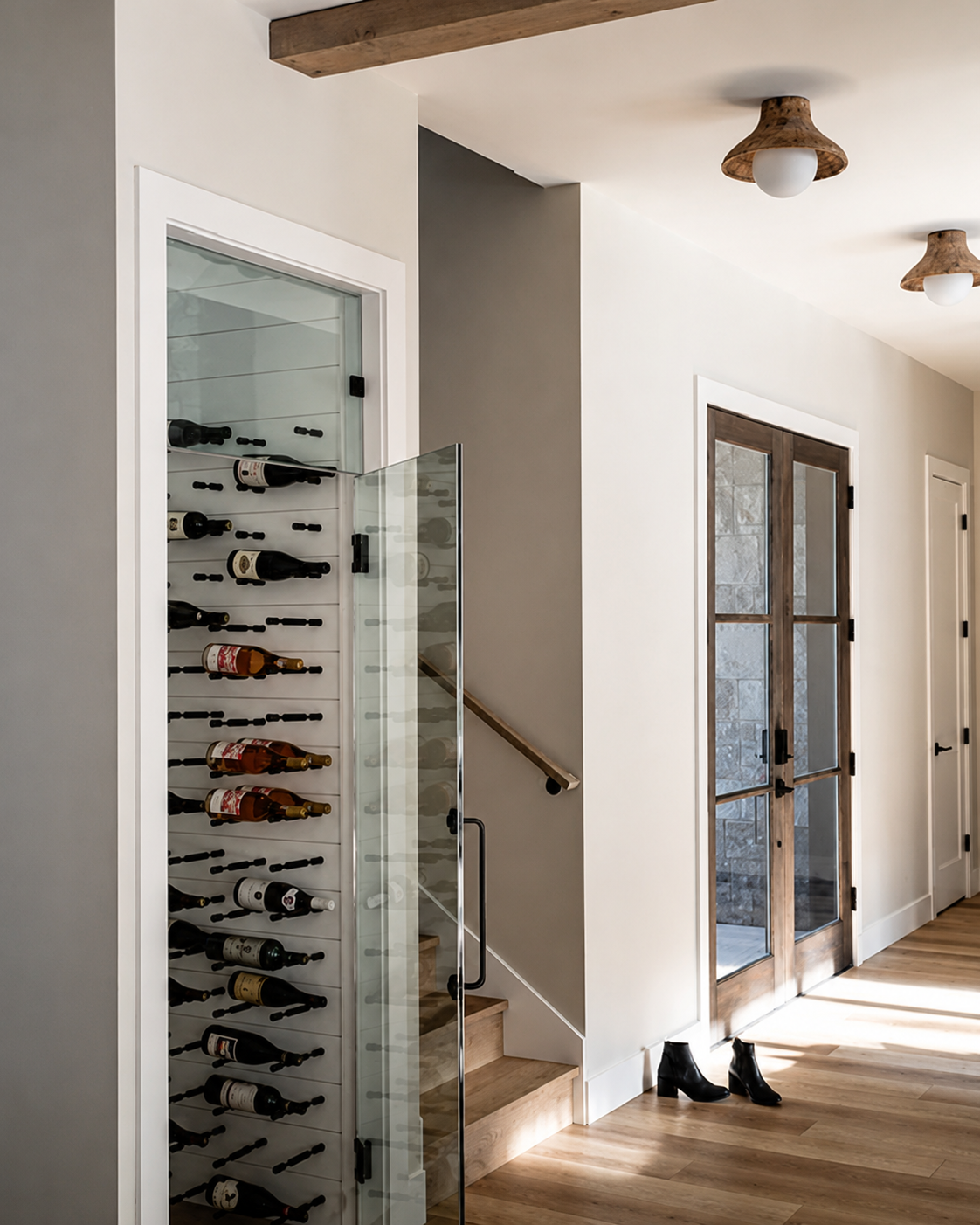 Interior view of a modern house entryway with a wine fridge, wooden front door with glass panels, and a pair of black ankle boots on the light wood floor.