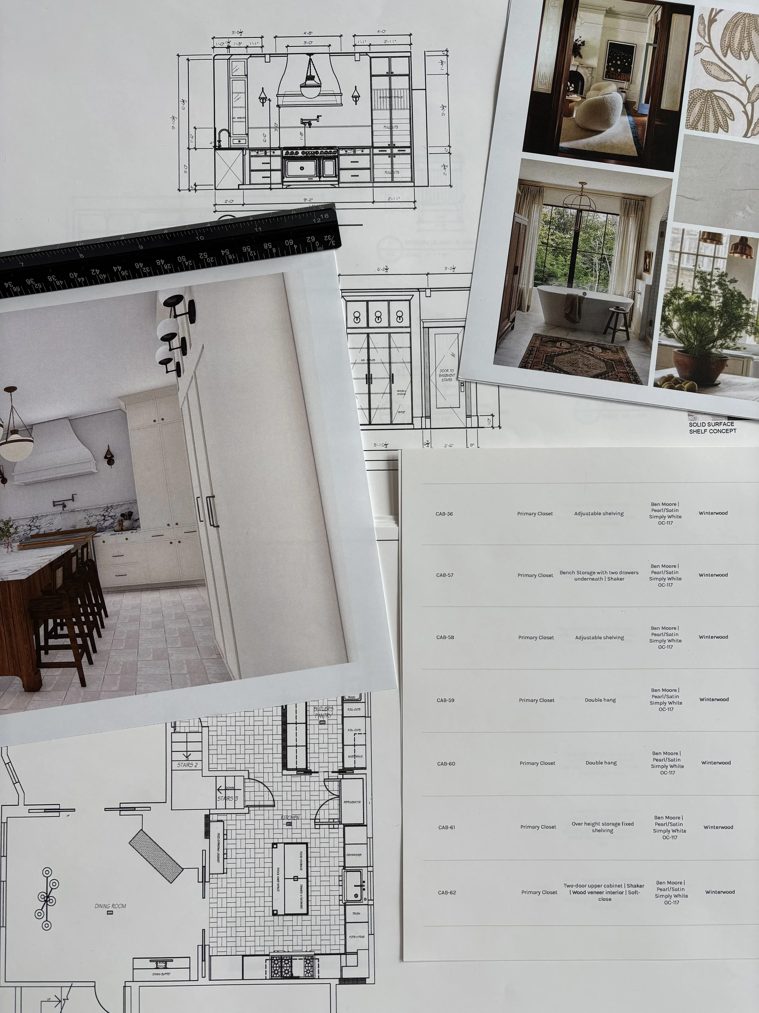 Architectural blueprints and interior design photos of a home, including kitchen, living room, bathroom, and bedroom layouts.