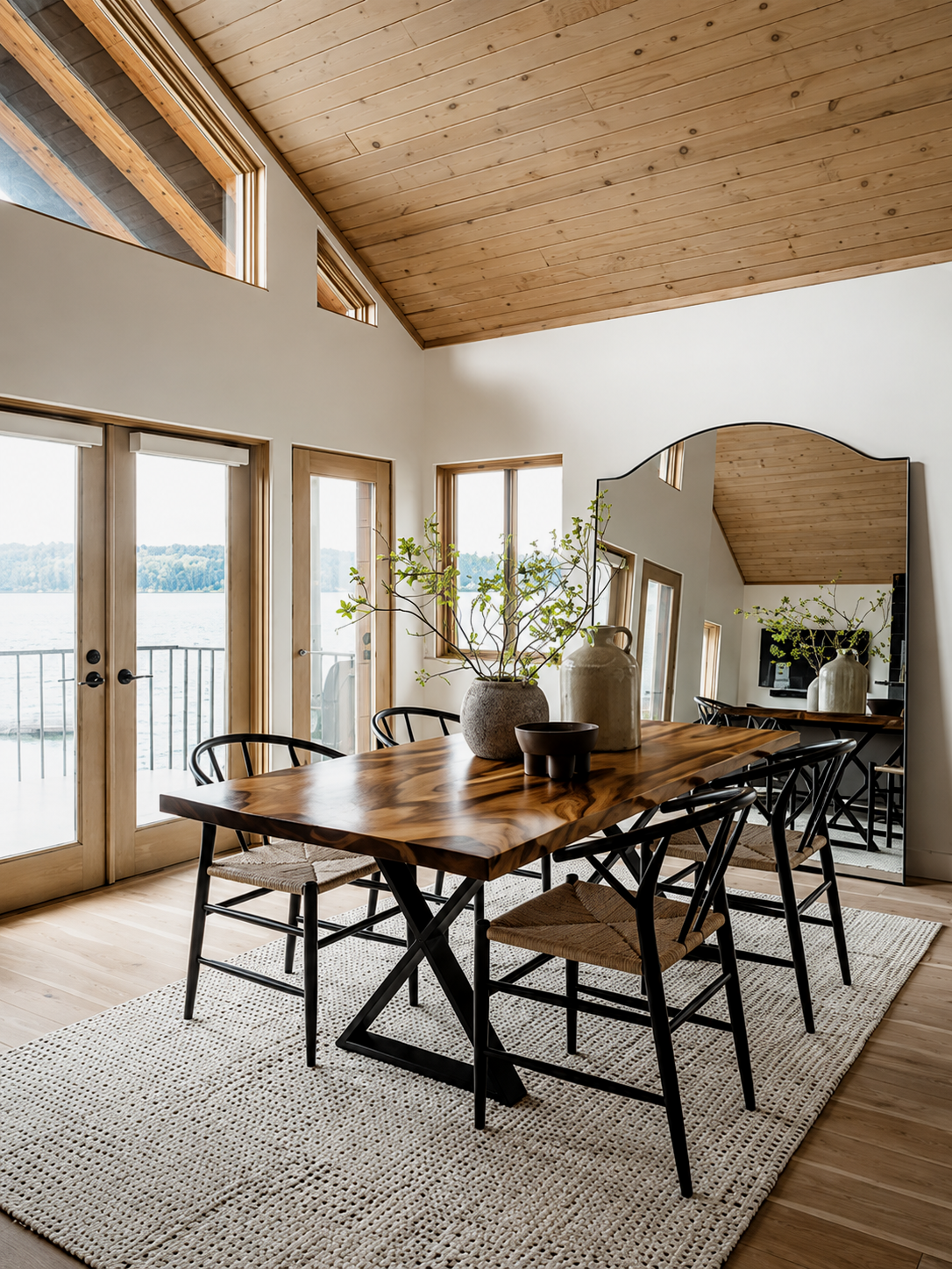 A modern dining room with a wooden table, black chairs with rattan seats, and an area rug. Large glass doors and windows offer a view of a body of water and trees outside. The room features a high, wood-paneled ceiling and a large mirror behind a sideboard, accented with vases and greenery.