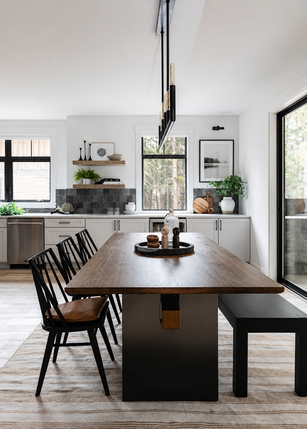 Modern kitchen with white cabinets, black window frames, and a wooden dining table with black chairs.