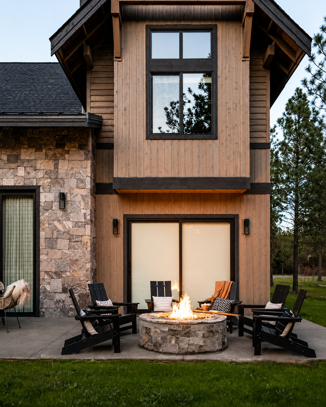 A modern two-story house with wood siding and stone accents, featuring a patio with Adirondack chairs and a fire pit, surrounded by trees at dusk.