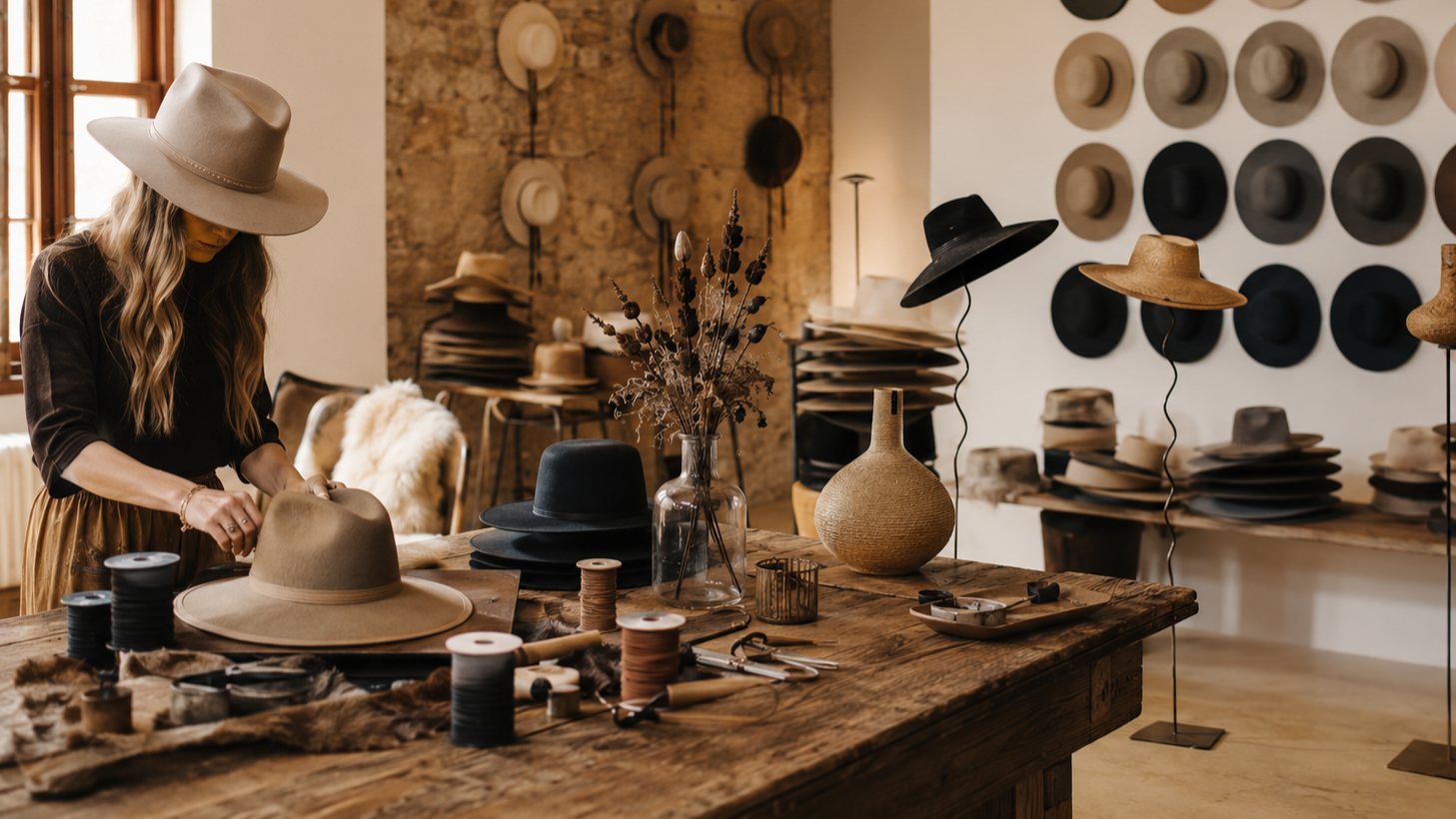 A woman wearing a beige hat examining a similar hat on a wooden table surrounded by rolls of thread, scissors, and decorative items in a hat shop.