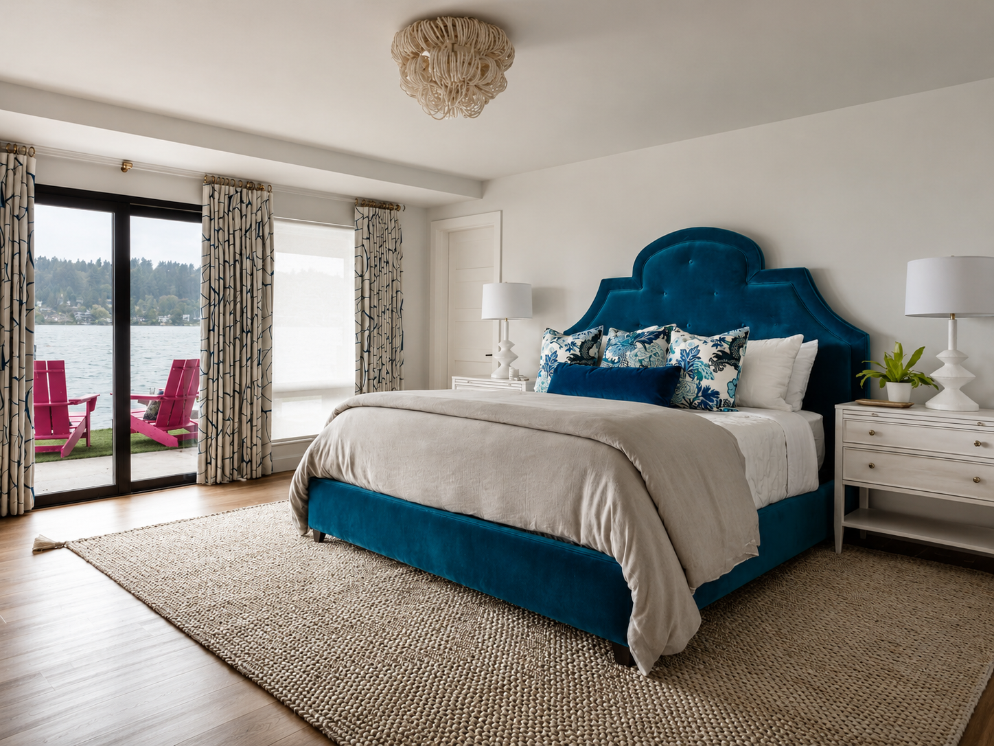 Bedroom with large blue upholstered bed, white nightstands, lamps, decorative pillows, and a sliding glass door opening to a lake view with pink chairs outside.