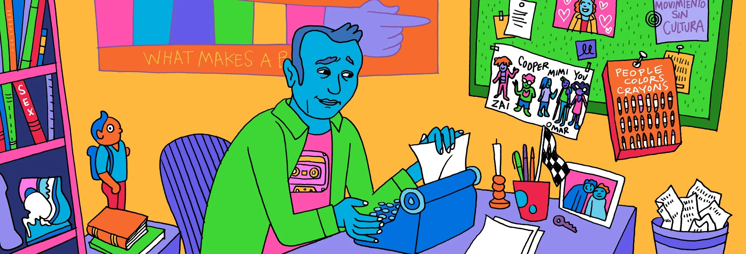 Colourfull illustration of Cory sitting at a desk using a typewriter