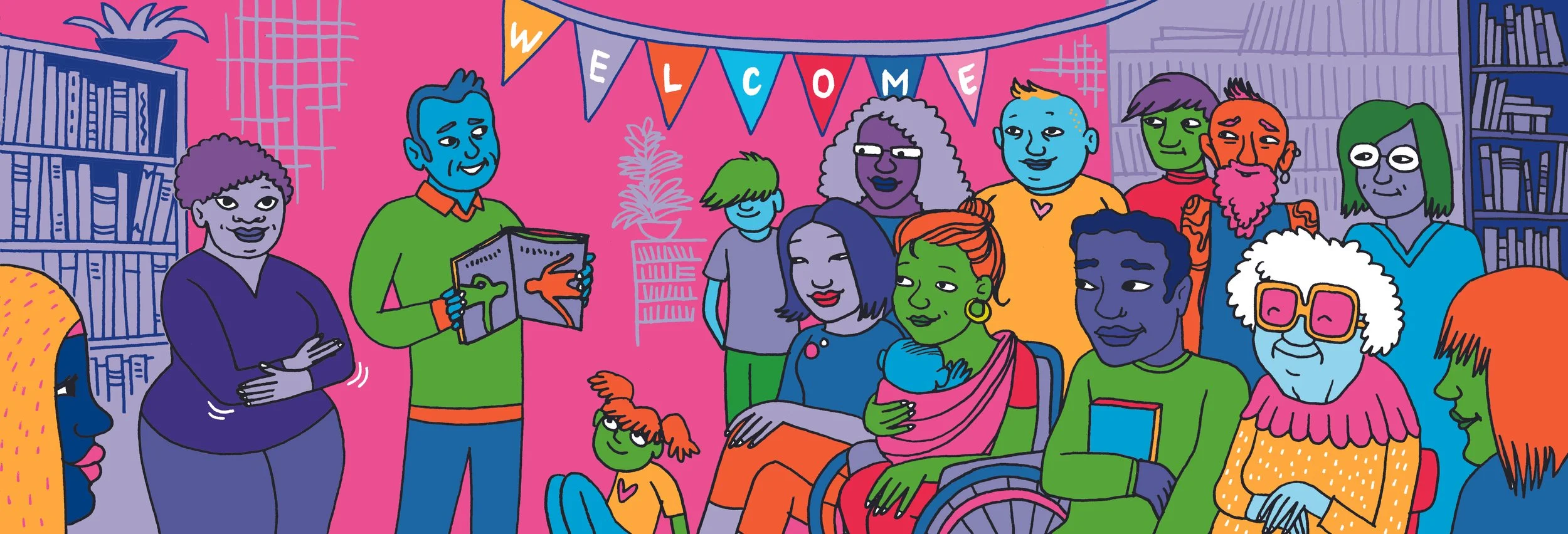 An illustrated group of diverse people at a welcoming gathering, with a banner reading 'Welcome' in the background, inside a colorful room with bookshelves and plants.