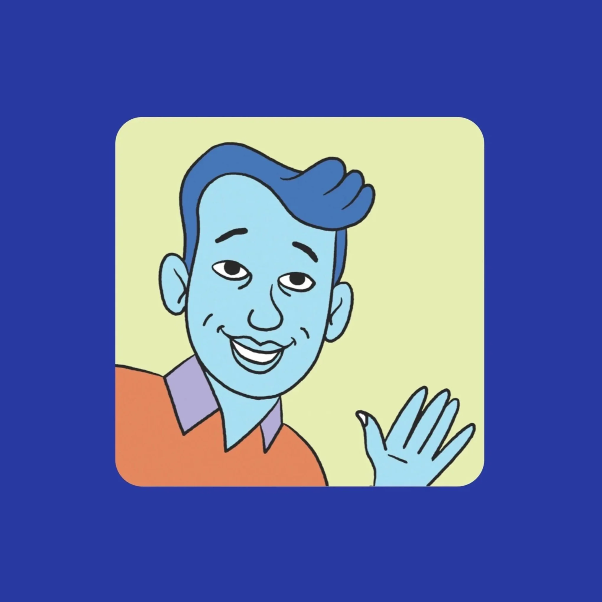 A cartoon illustration of Cory Silverberg, wearing an orange and purple shirt, on a yellow background with a dark blue border.