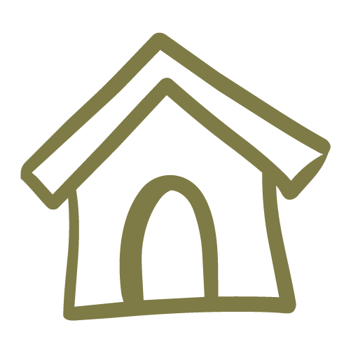 Simple illustration of a dog house with a peaked roof and arched entrance.