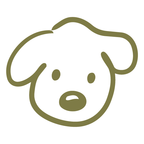 Cartoon outline of a dog's face with floppy ears and a neutral expression.