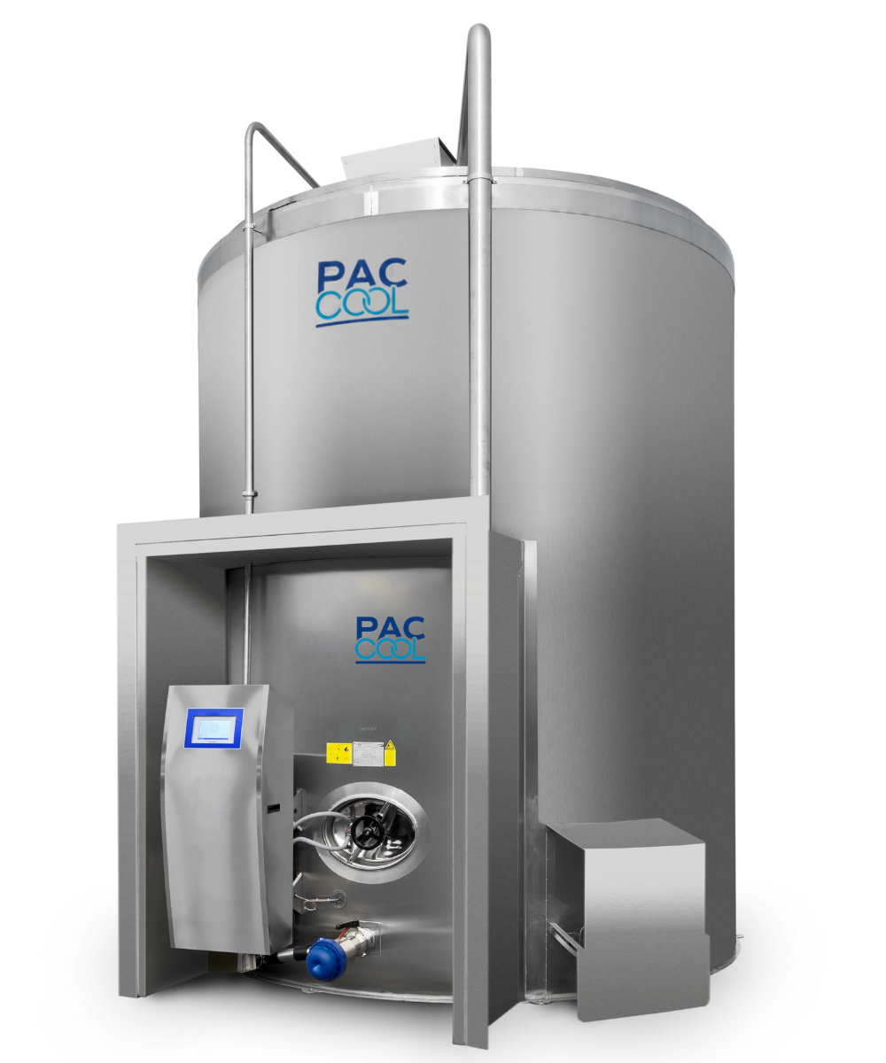 Industrial refrigeration unit with a large cylindrical tank labeled 'PAC COOL' and a control panel.