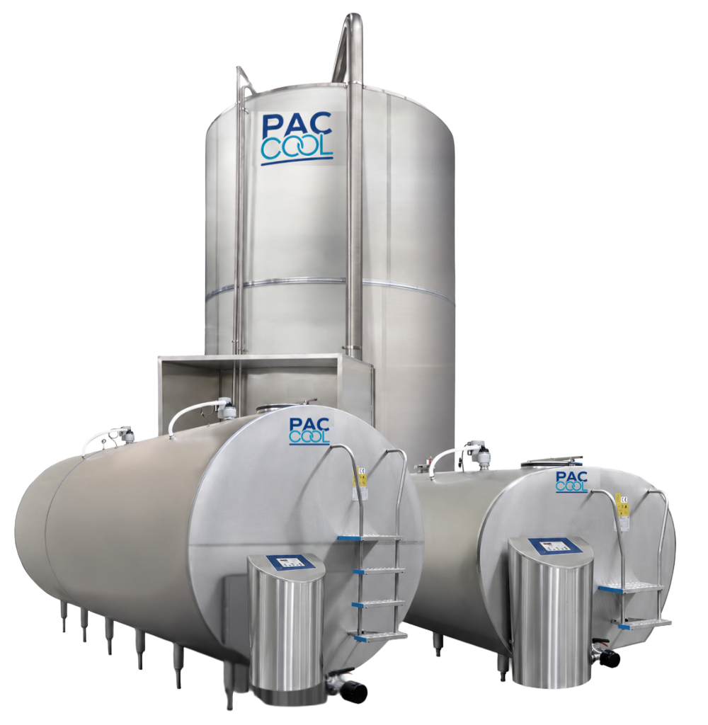 Three industrial cooling tanks with the brand name "PAC COOL," including one large vertical tank and two horizontal tanks, connected by pipes and fittings, used for cooling liquids.