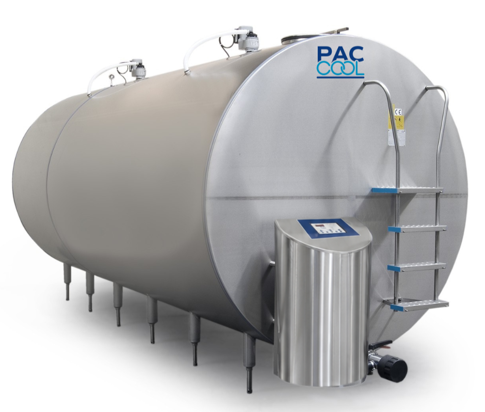 A large stainless steel machine labeled PAC COOL with a digital control panel, ladders, and pipes on top, used for industrial cooling or refrigeration.