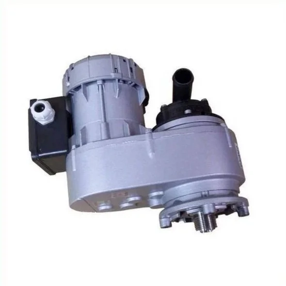 A mechanical or electronic device, possibly a motor or pump, with cylindrical and rectangular components, and featuring visible bolts and connectors.
