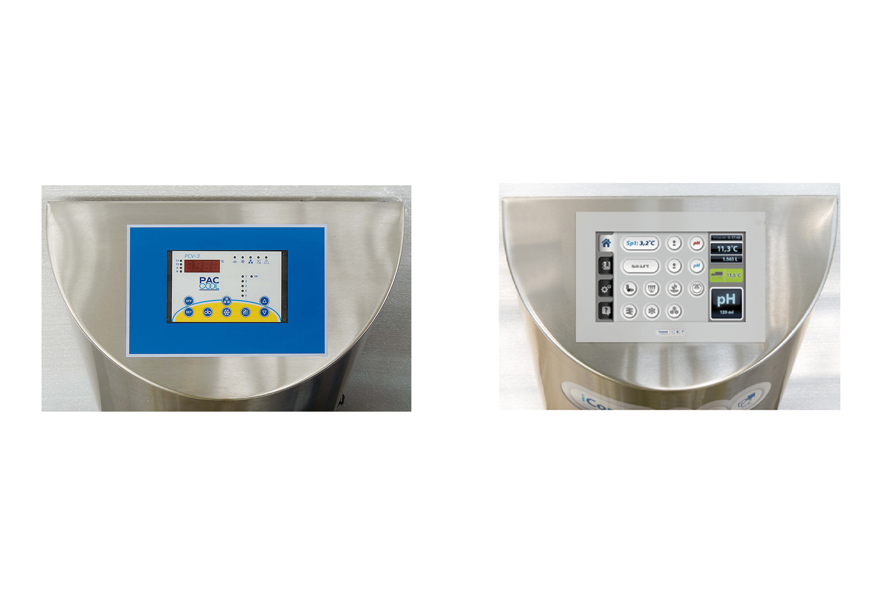 Two stainless steel water chillers with digital control panels displaying temperature, pH, and other settings.