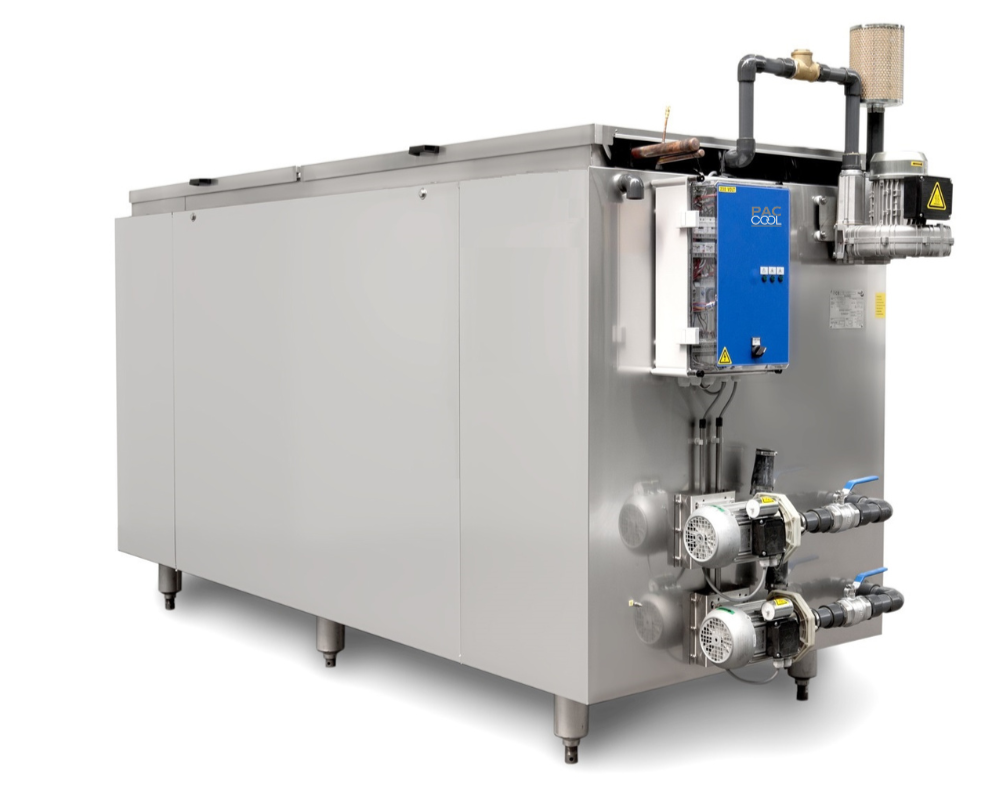 Industrial chiller with metal pipes, valves, and electric components on a stainless steel cabinet