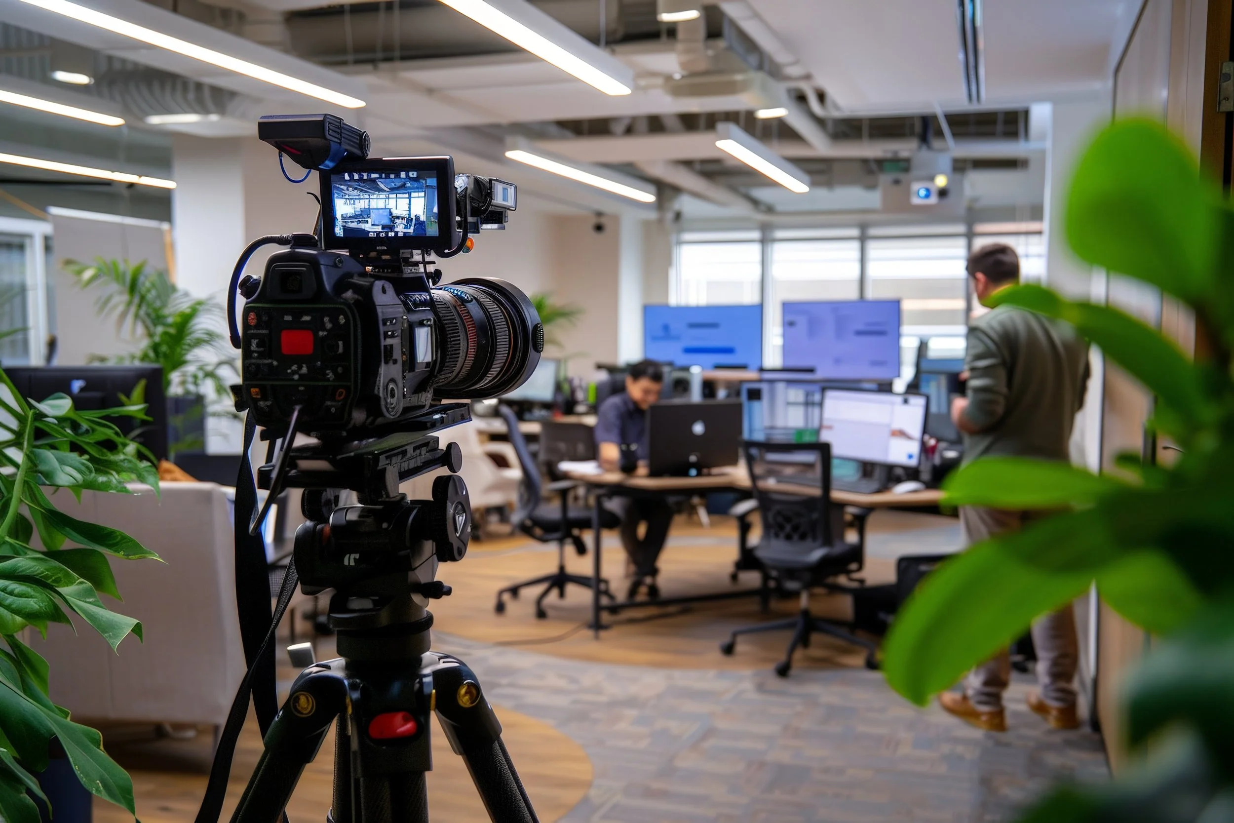 A professional video camera is set up in a modern office space with employees working at desks in the background, large screens displaying data, and visible ceiling lighting and ventilation.