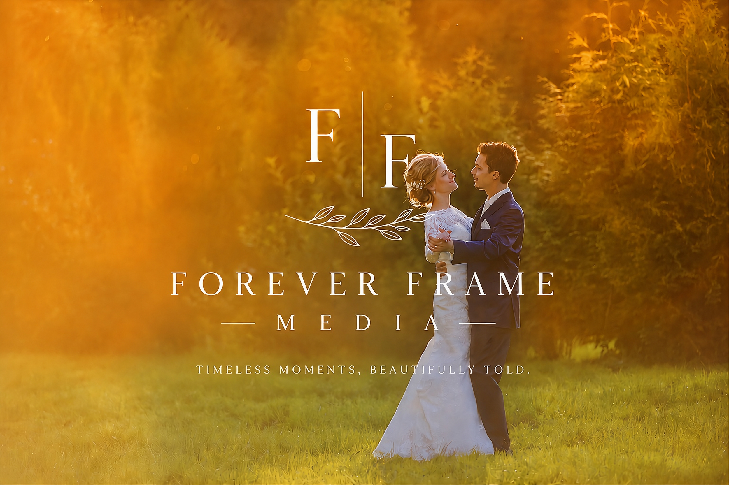A couple in wedding attire dancing outdoors during sunset with trees and grass, overlaid with text reading 'Forever Frame Media' and 'Timeless moments, beautifully told.'