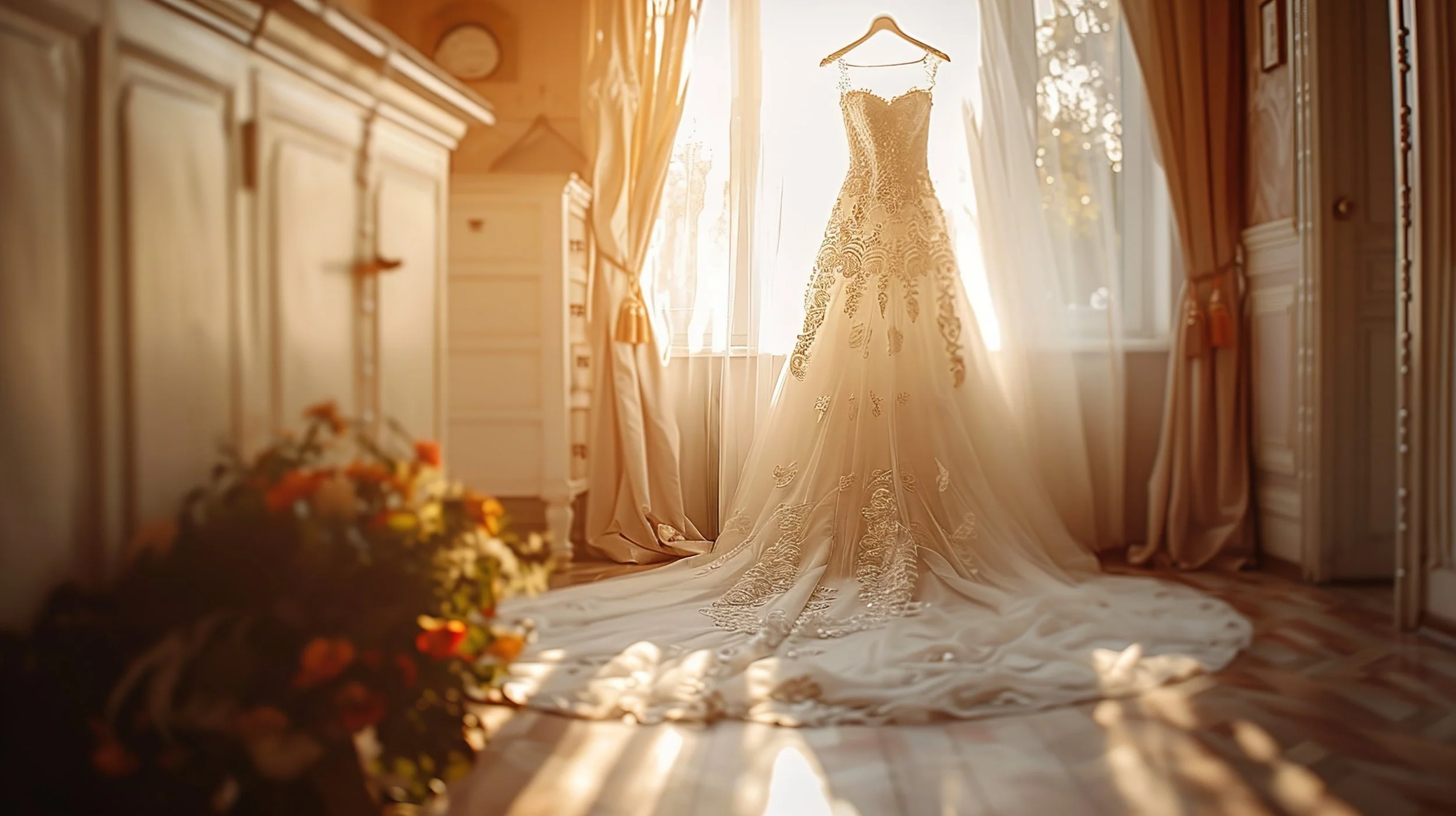 An elegant wedding dress hangs on a hanger inside a sunlit room with cream-colored curtains, a wardrobe, and a floral arrangement on the floor.