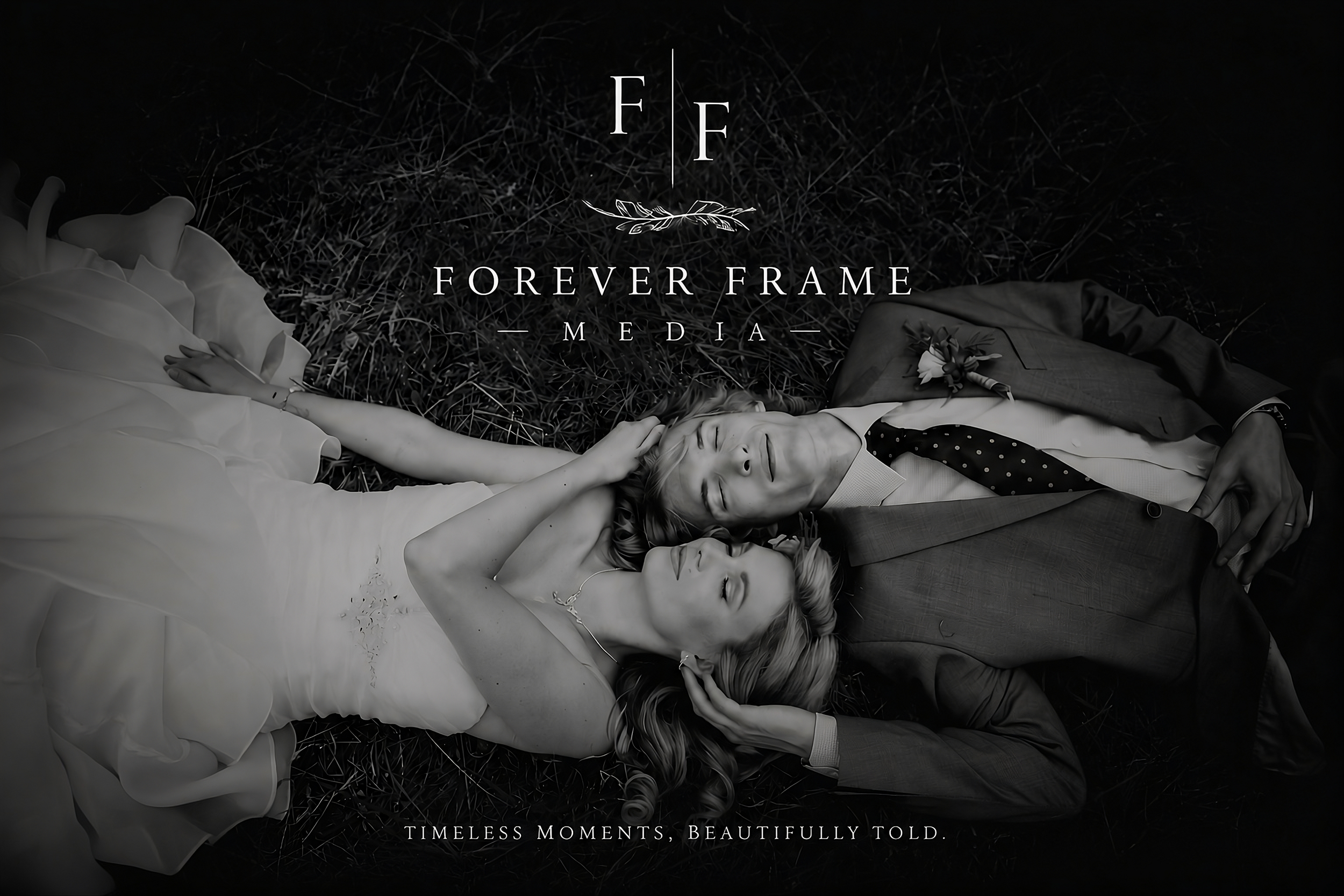 Black and white photo of a couple lying on grass, holding hands, with a woman in a bridal gown and a man in a suit. The words "F F," "Forever Frame" and "Media" are in the center, with a floral design; the caption at the bottom reads, "Timeless moments, beautifully told."