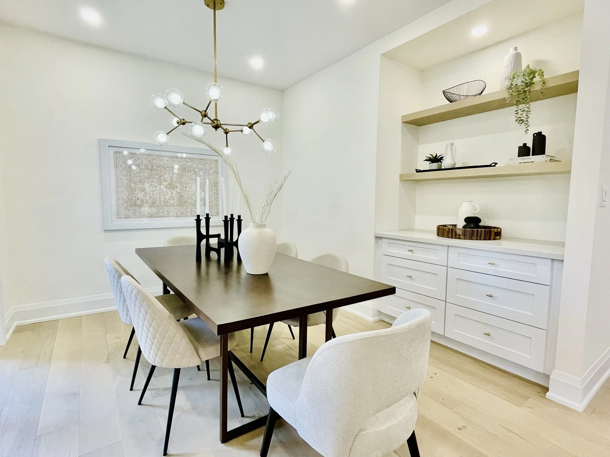 Custom dining room servery with built in shelving, drawers and quartz countertops in Burlington