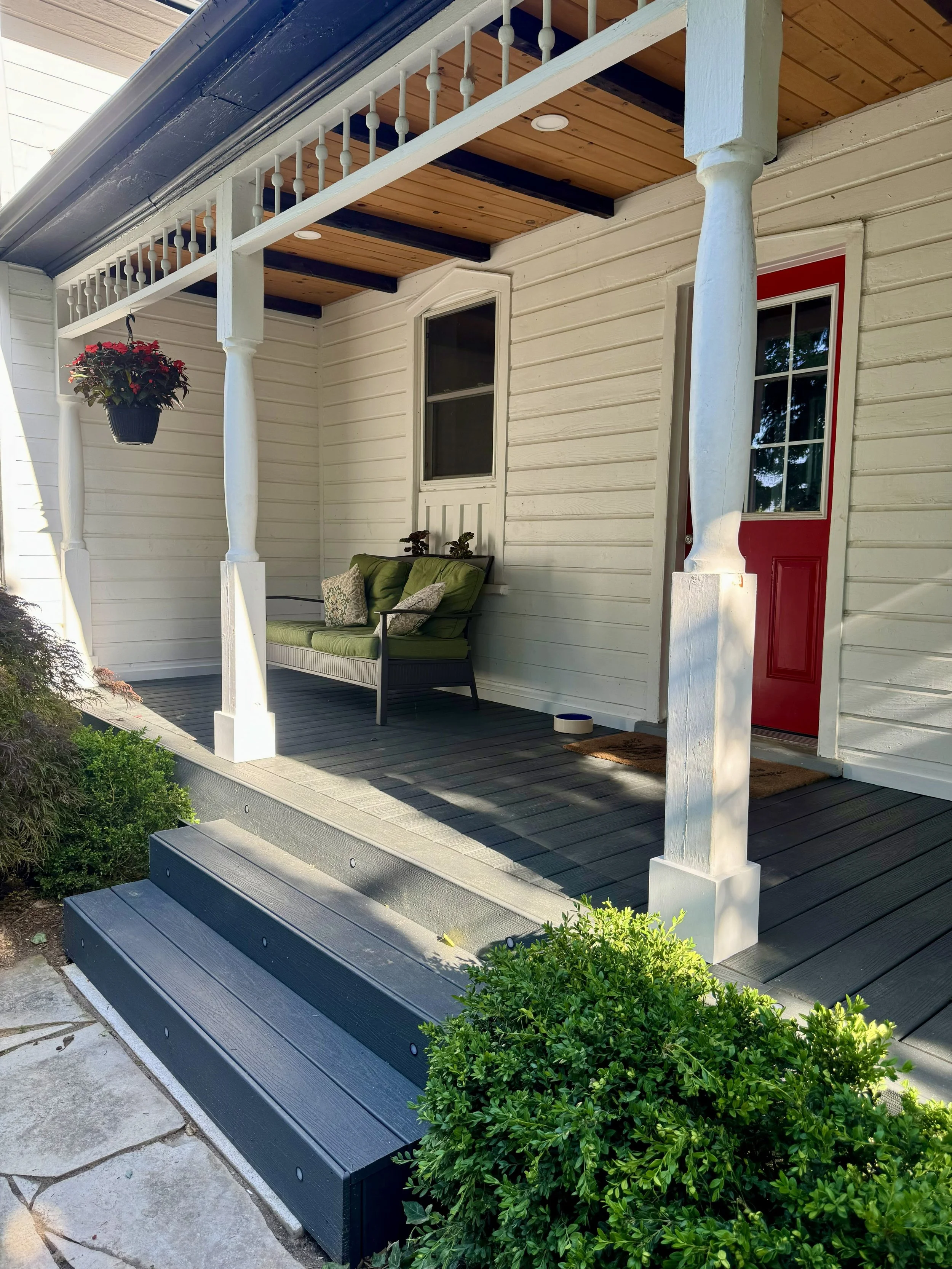 Composite front porch floor with cedar lined ceiling in Burlington Ontario