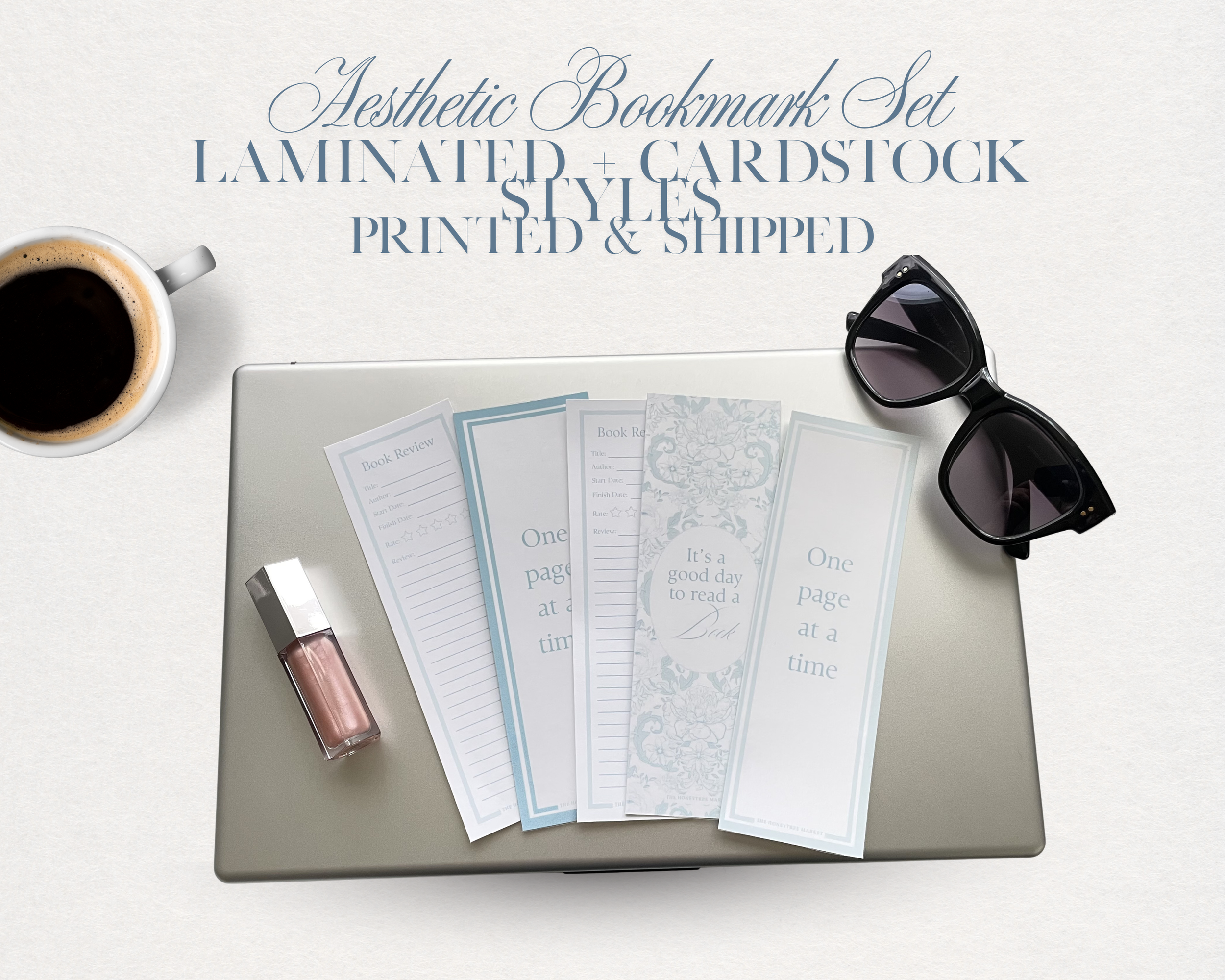 Physical Spring Bookmarks | Elegant Blue Floral Bookmark Set | Laminated & Cardstock