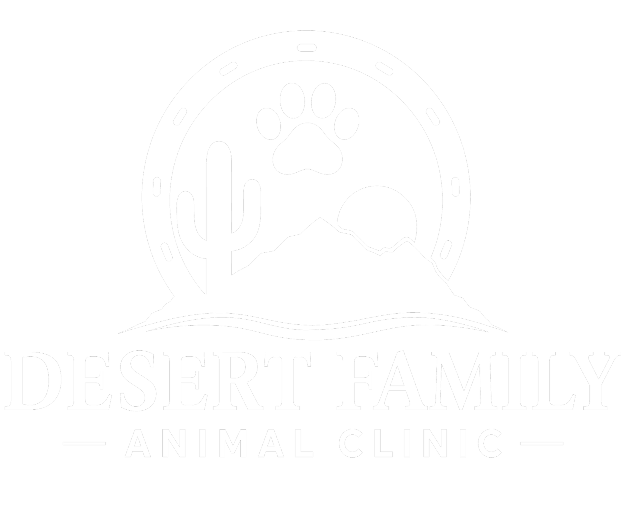 Black and white logo for Desert Valley Animal Clinic featuring a dog paw print inside a circular outline with mountain and desert landscape.