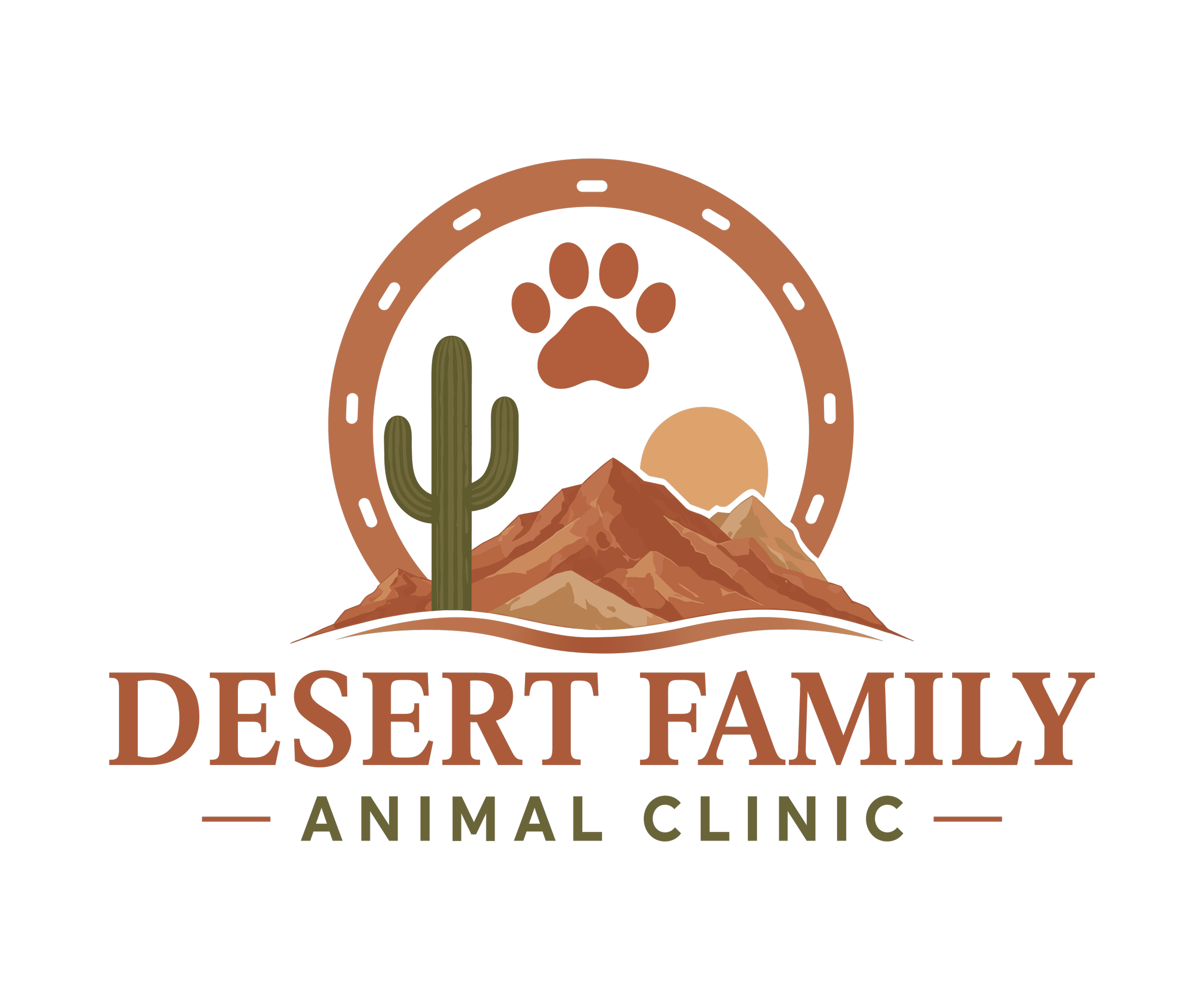 Logo for Desert Family Animal Clinic with desert scenery including cacti, mountains, a paw print, and a horseshoe border.