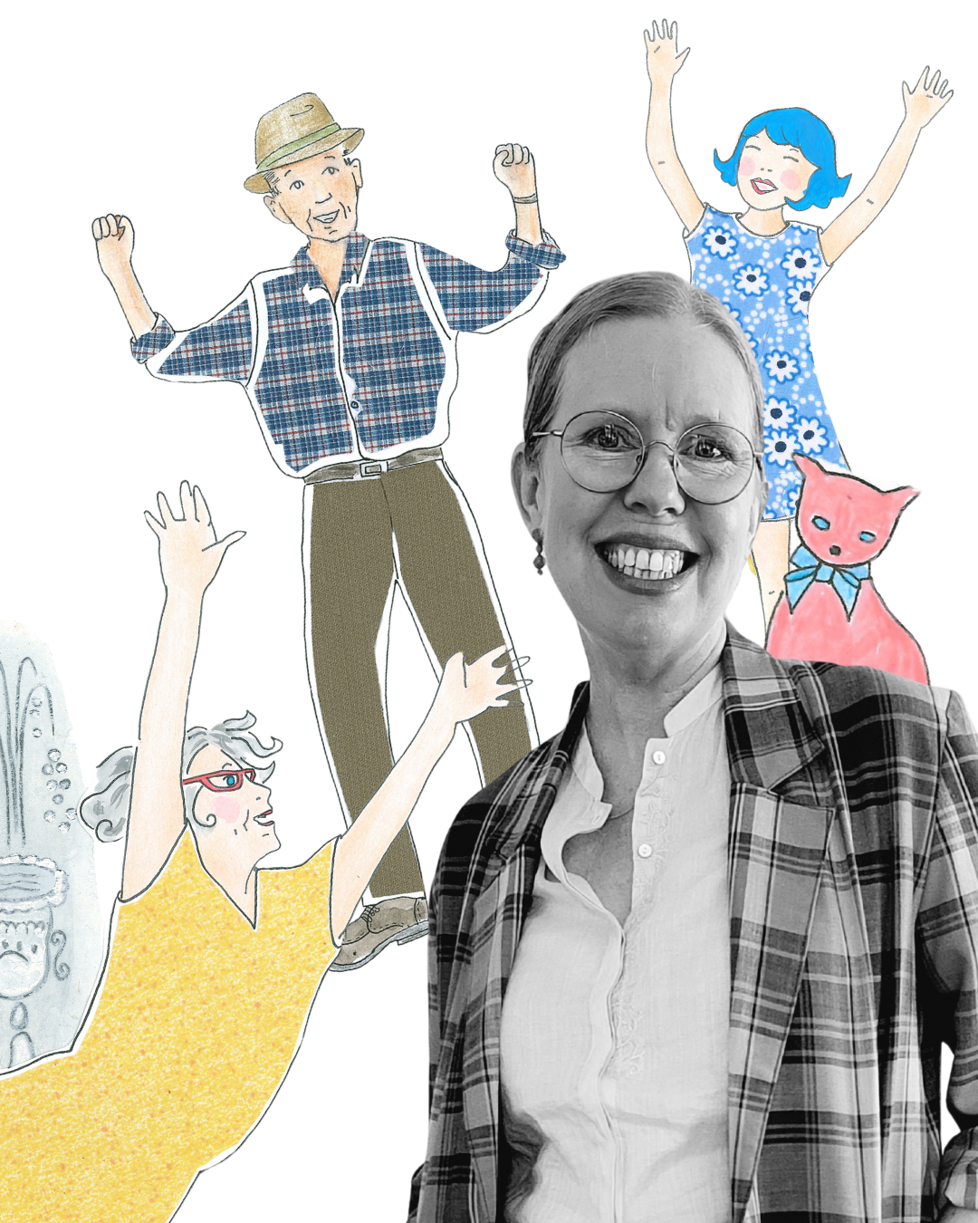 Photograph of a smiling woman wearing glasses and a plaid blazer, with animated characters surrounding her, including a man in a hat and plaid shirt, a girl in a blue floral dress, an elderly woman reaching out, and a pink creature with a blue bow.