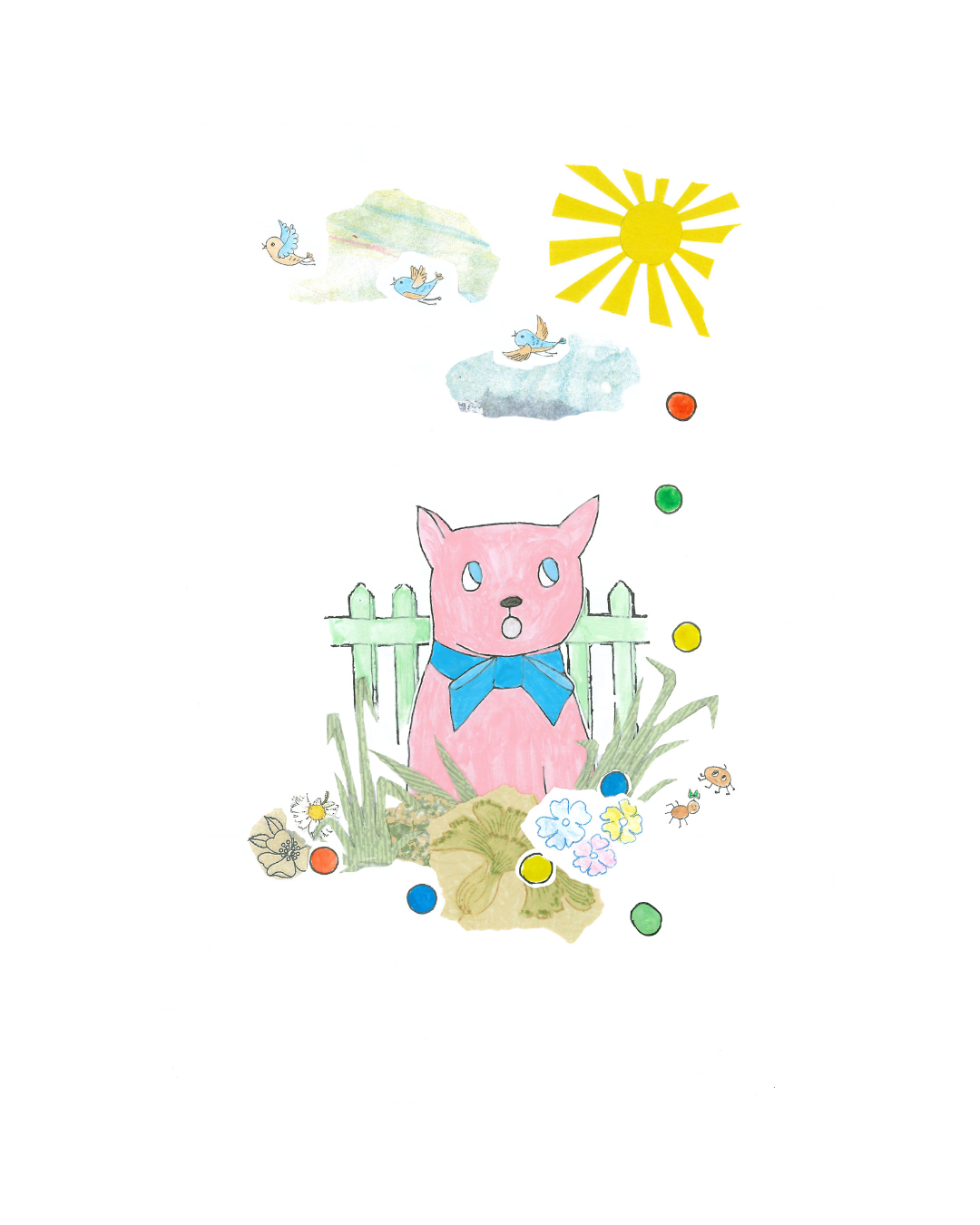 Drawing of a pink cat with blue eyes and a blue bow, sitting in front of a garden fence with flowers, surrounded by colorful marbles and small insects, with birds flying above and a yellow sun shining in the sky.