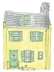 A colorful hand-drawn illustration of a yellow two-story house with a gray roof, green window shutters, and a green front door.