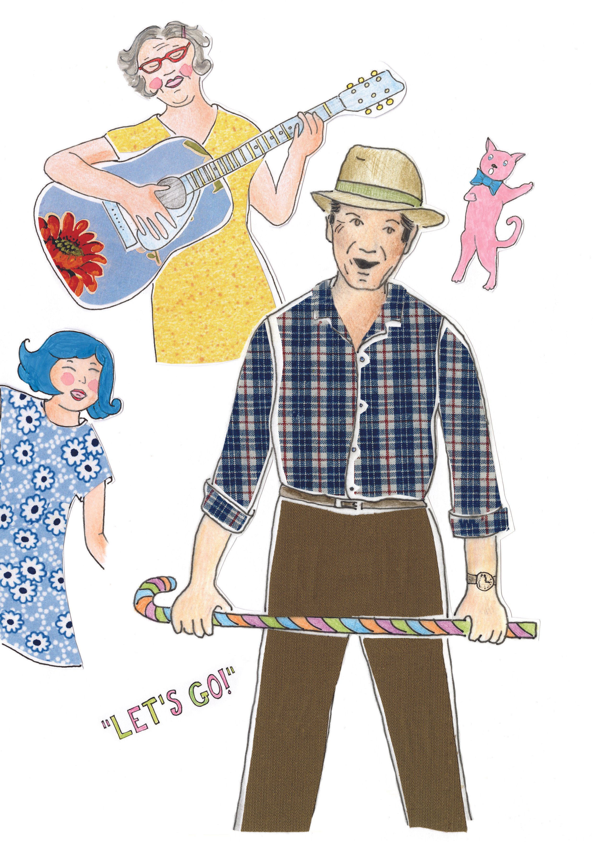 Drawing of a woman playing a guitar, a man holding a stick, a pink cat with a blue bow, and a woman with blue hair, with colorful text at the bottom.