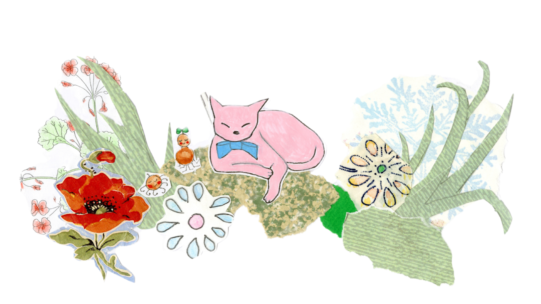A collage of paper cutouts featuring a pink cat with a blue bow, various colorful flowers, and other decorative elements.