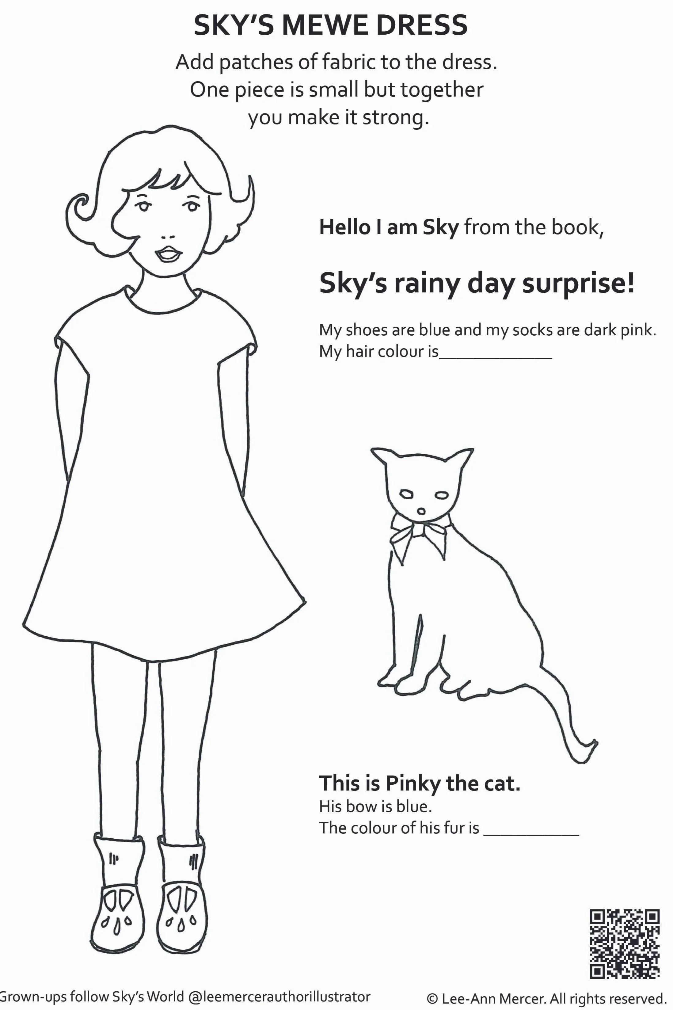 Black and white drawing of a girl with short wavy hair wearing a dress, boots, and socks, standing next to a sitting cat with a bow around its neck. The girl's hair color is blank for coloring, and the cat's fur color is also left blank for coloring.