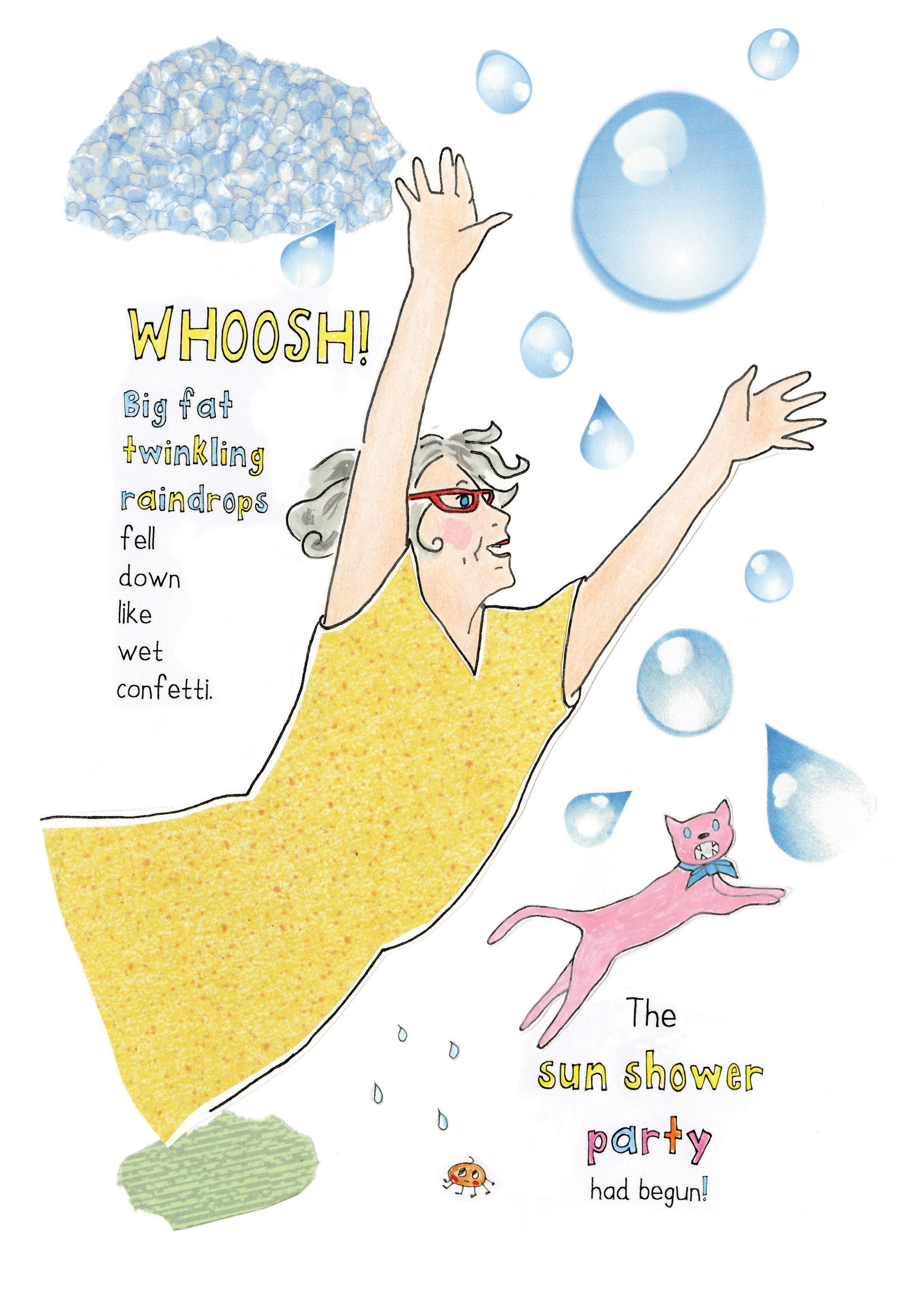 The image shows a colorful drawing of a woman with glasses raising her arms in celebration, surrounded by falling raindrops, a pink cat wearing a blue bow, and text celebrating a rain shower party.
