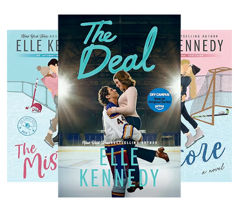 Book cover of 'The Deal' by Elle Kennedy, showing a couple ice skating and embracing on an ice rink, with a background of the inside of an ice skating rink.