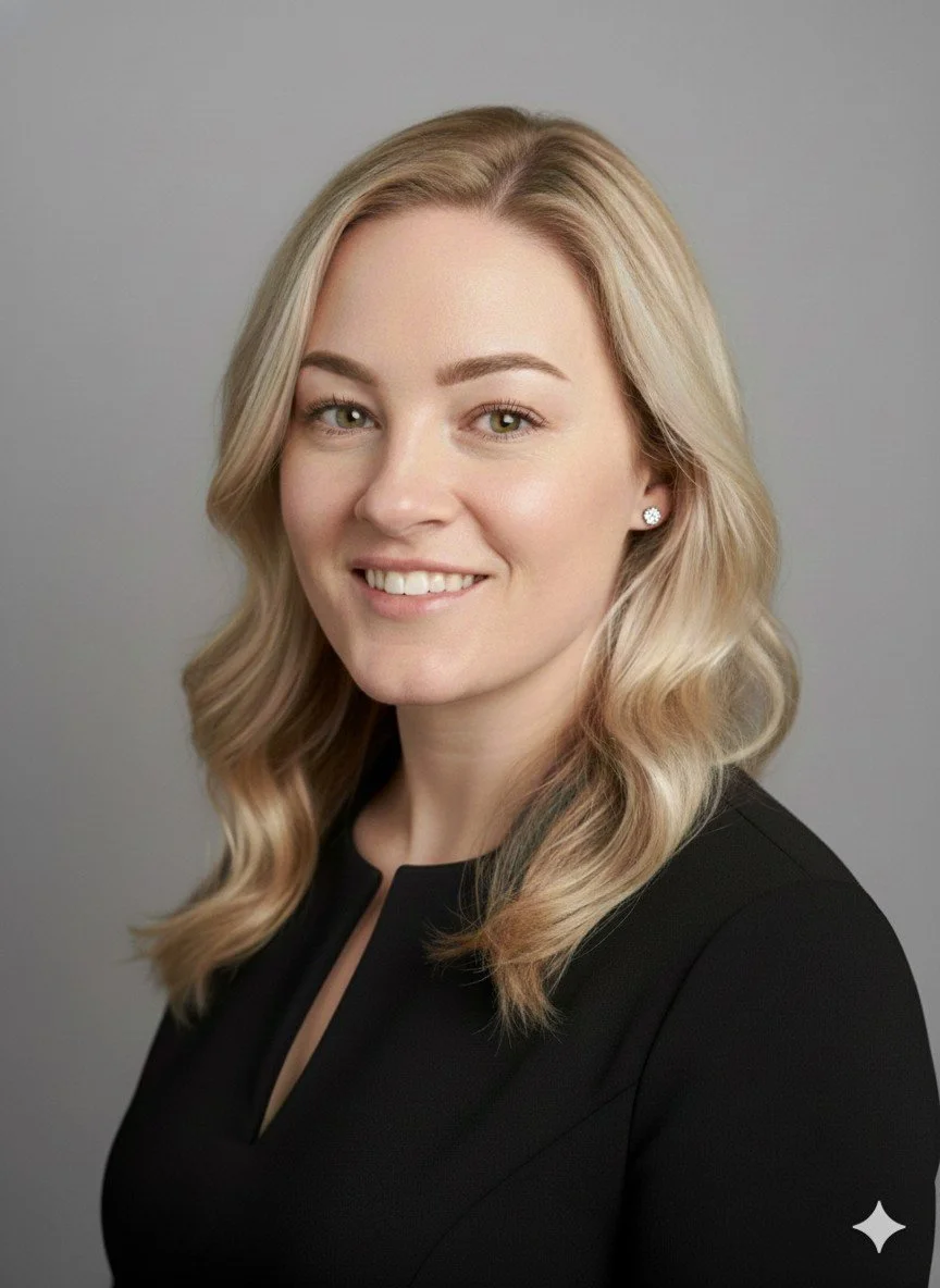 A portrait of a woman with blonde wavy hair, wearing a black top, smiling, and looking at the camera against a plain gray background.