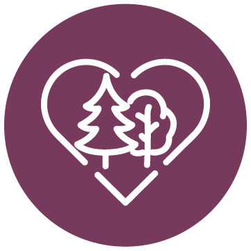 Outline of a heart with a Christmas tree and a leaf inside, all in white on a purple circular background.
