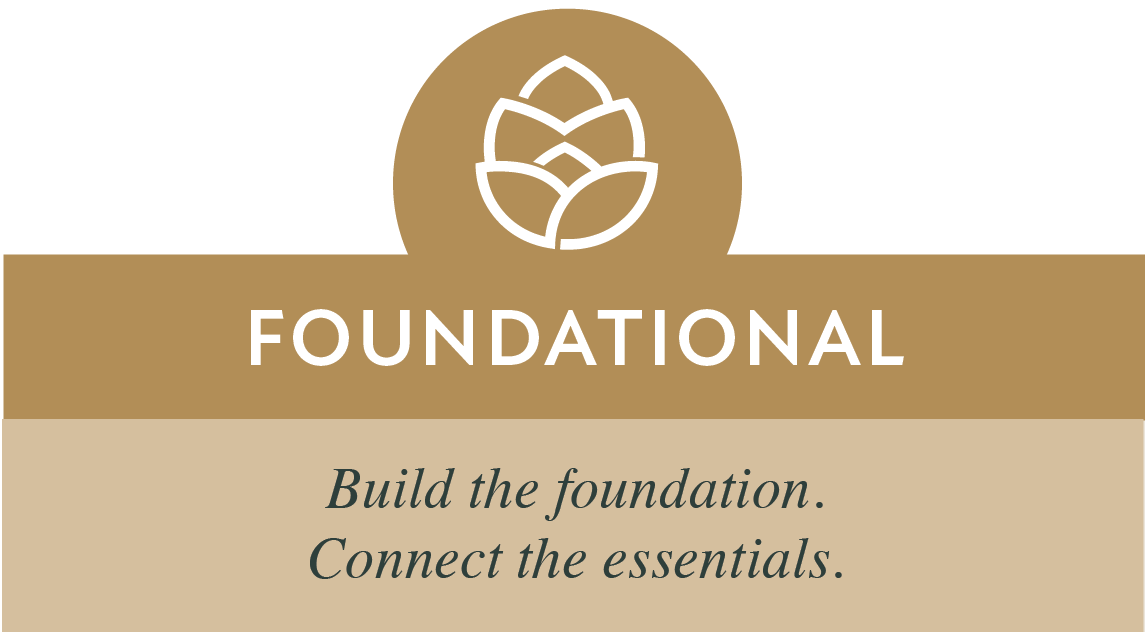 Logo with a stylized lotus flower inside a circle, gold background. The word 'FOUNDATIONAL' with the phrases 'Build the foundation. Connect the essentials.' underneath.