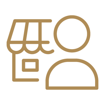Icon of a storefront with an awning, a person silhouette, and a square symbol, all in brown lines on a black background.