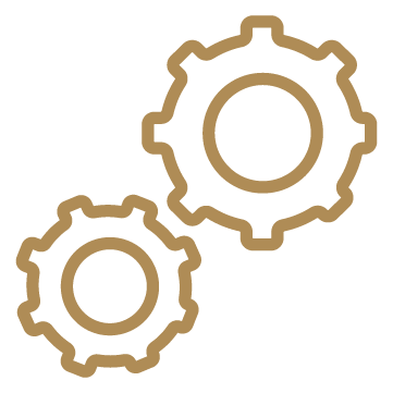 Two interlocking gear icons, one larger and one smaller, outlined in a light brown color on a black background.