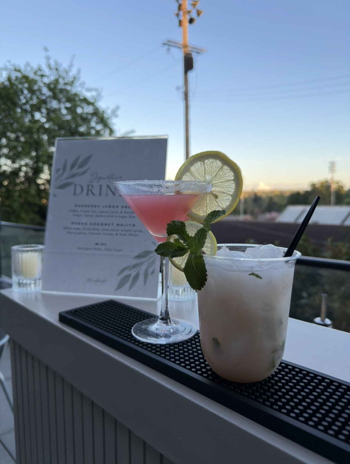 Two cocktails on a bar counter with a menu in the background. One is a pink martini garnished with a lemon slice and mint, the other is a creamy white drink with ice, a lemon slice, mint, and a black straw. The background shows a blue sky with power 