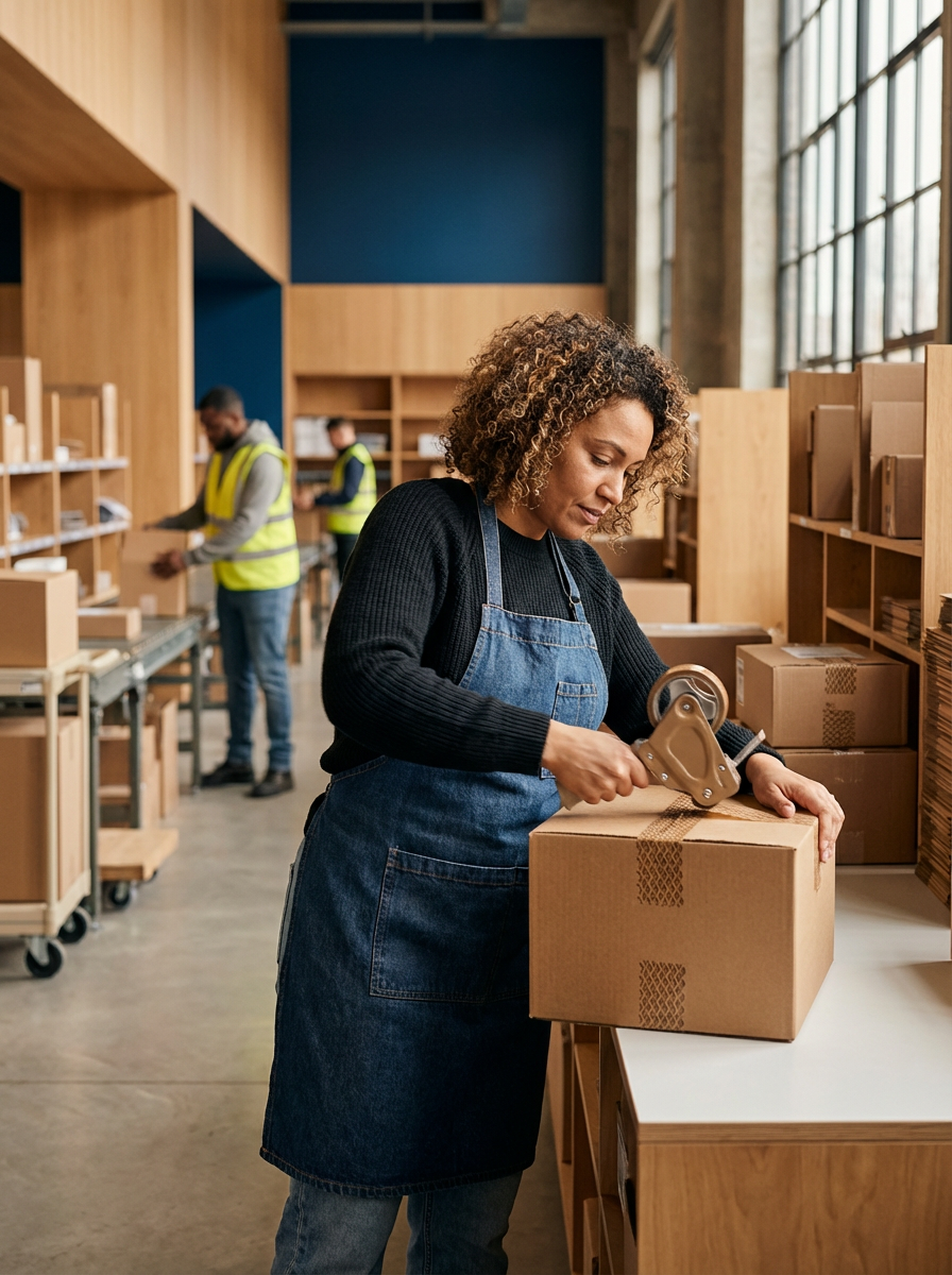A woman in a denim apron sealing a cardboard box with packing tape in a warehouse or packing facility, with two workers in the background also working with packages.