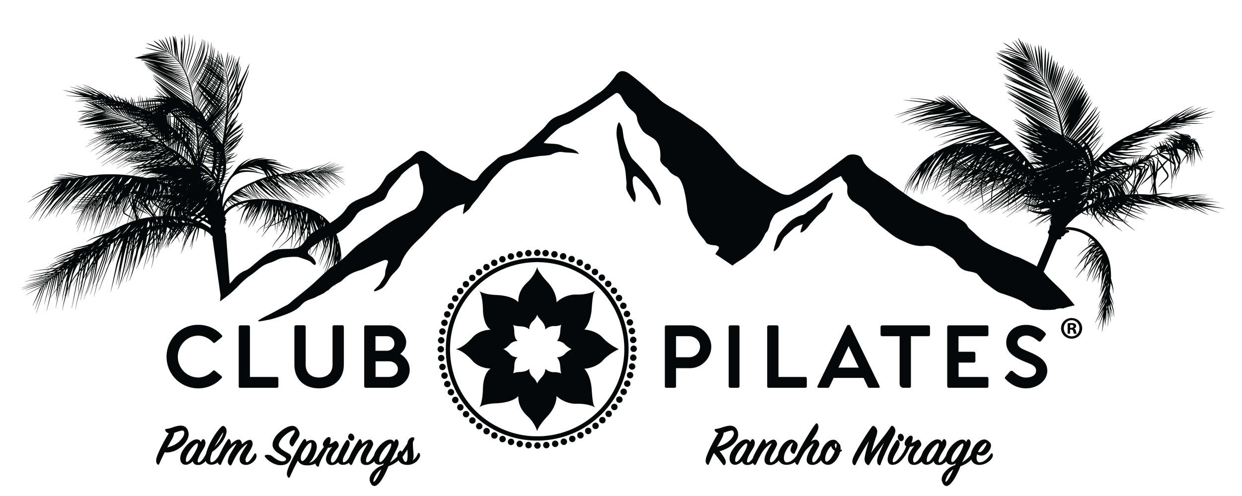 A logo for Club Pilates with a mountain range in the background and palm trees on either side. The text reads 'Club Pilate' with locations 'Palm Springs' and 'Rancho Mirage' beneath.