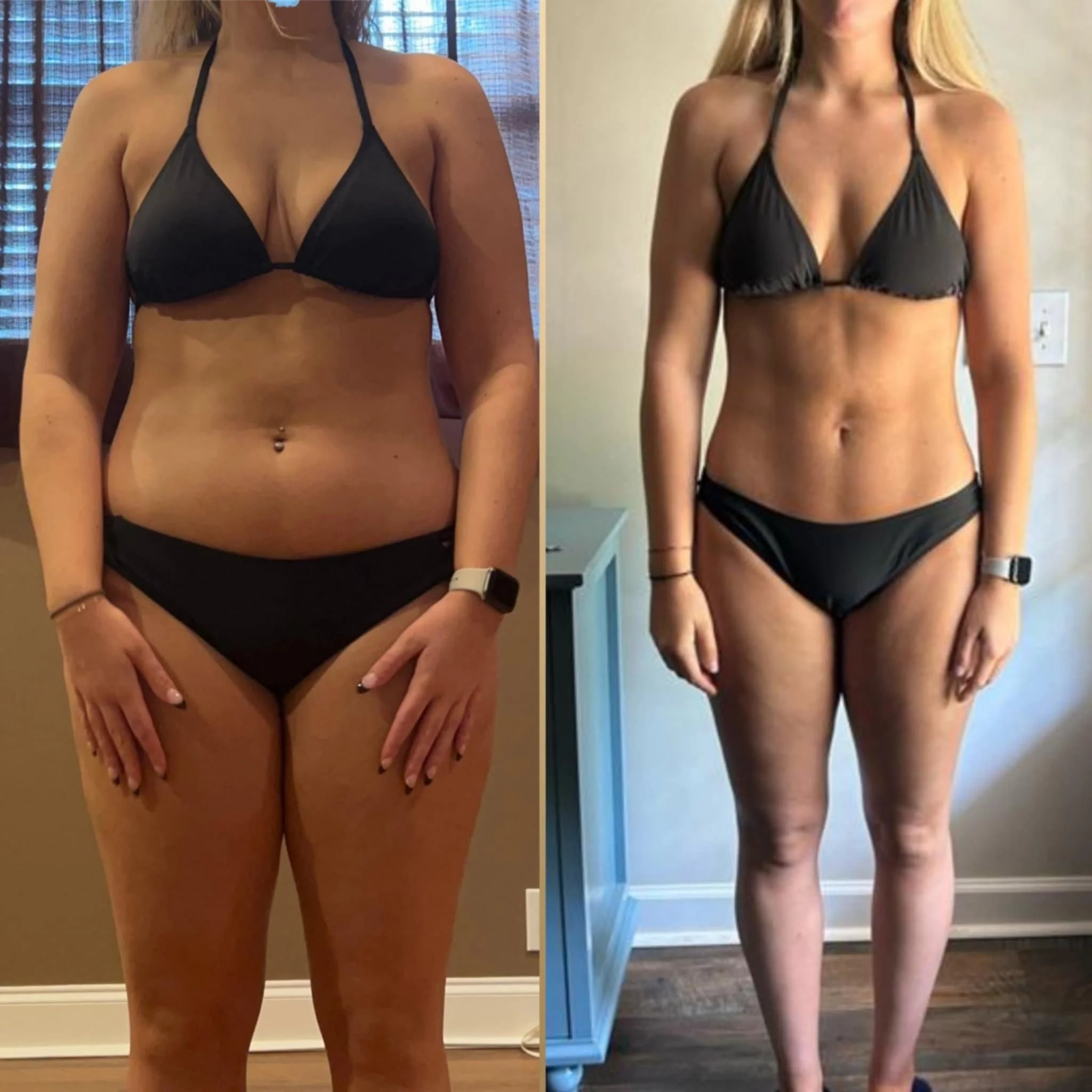 Side-by-side comparison of two women in black bikinis. The woman on the left has a fuller figure, while the woman on the right has a slimmer build. Both are standing indoors in front of different backgrounds.
