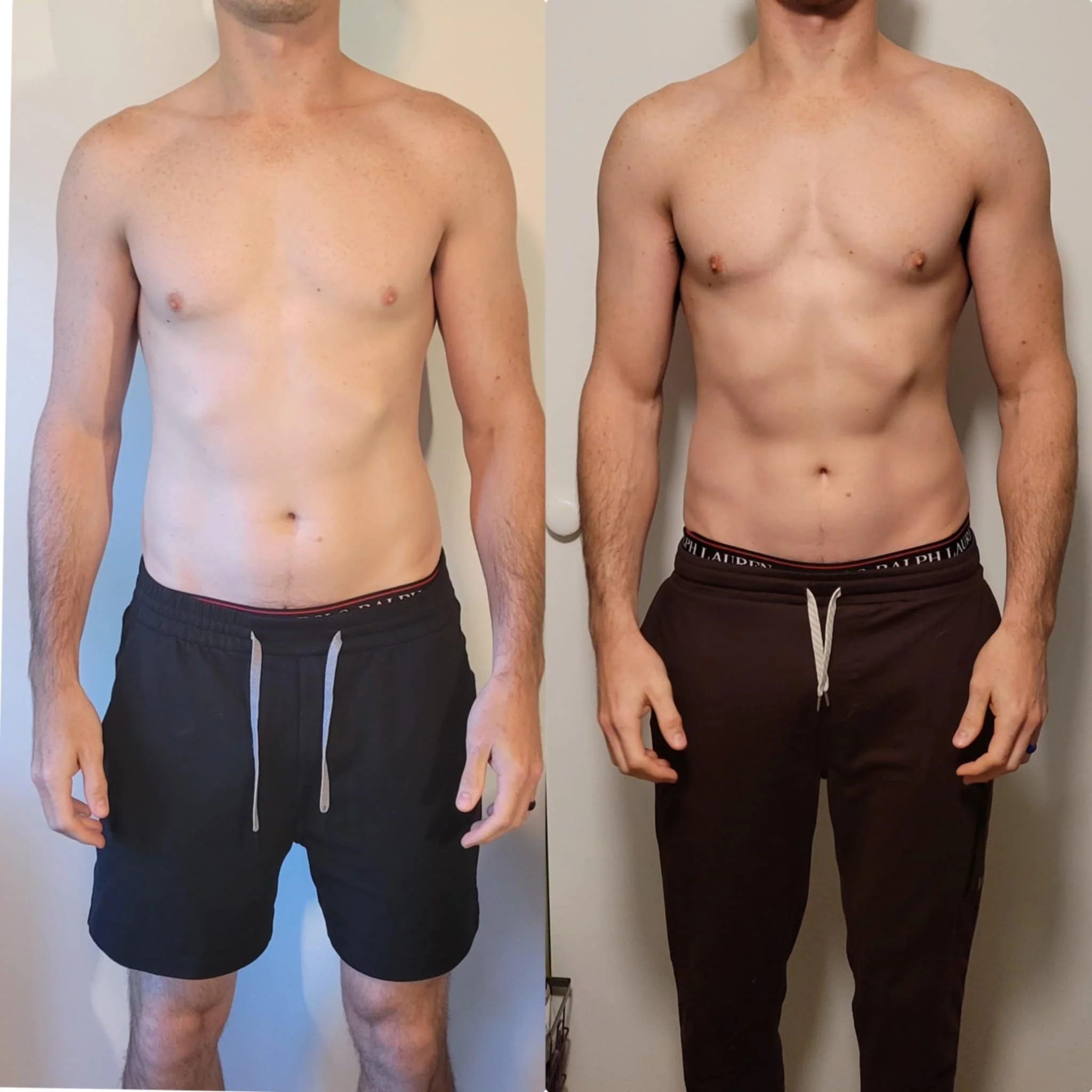Comparison photo of a man before and after fitness progress. The left side shows the man with less muscle definition, and the right side shows him with more muscle tone and a more defined physique, wearing black shorts.