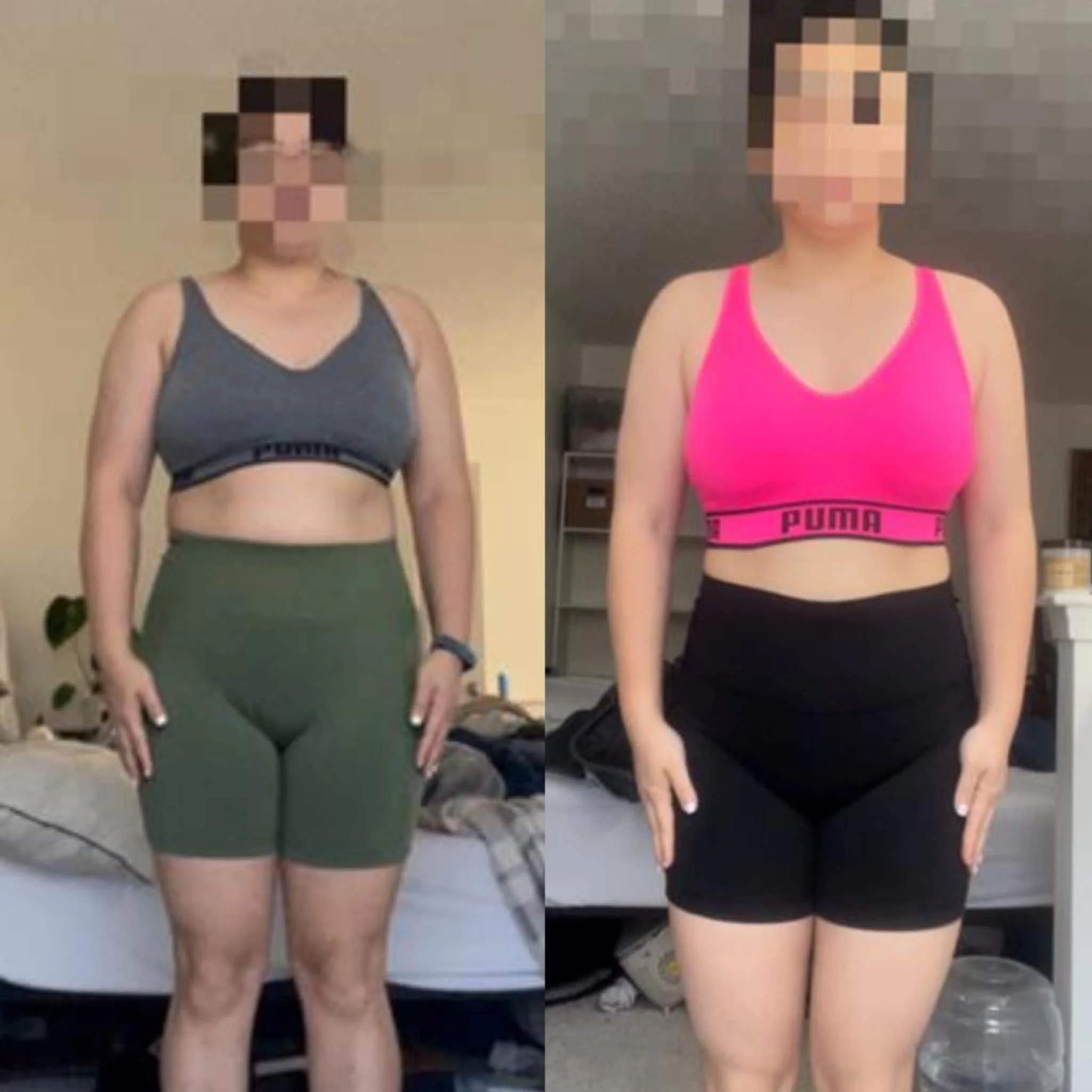 Comparison of a woman in workout clothes before and after weight loss, showing her full body from the front, standing indoors.